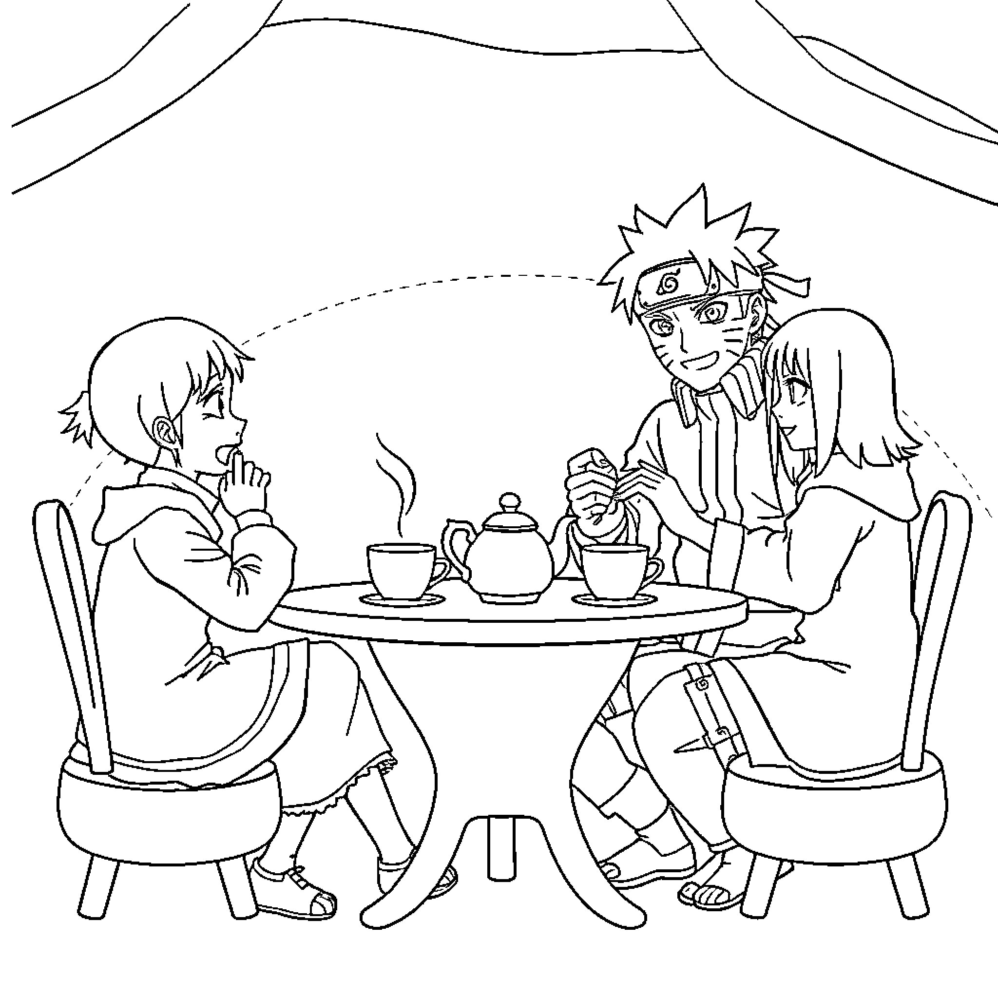 Naruto characters enjoying tea together Coloring Page (free black-and-white line drawing printable PDF for all, from beginners to advanced learners, including children, teens, adults, and seniors)