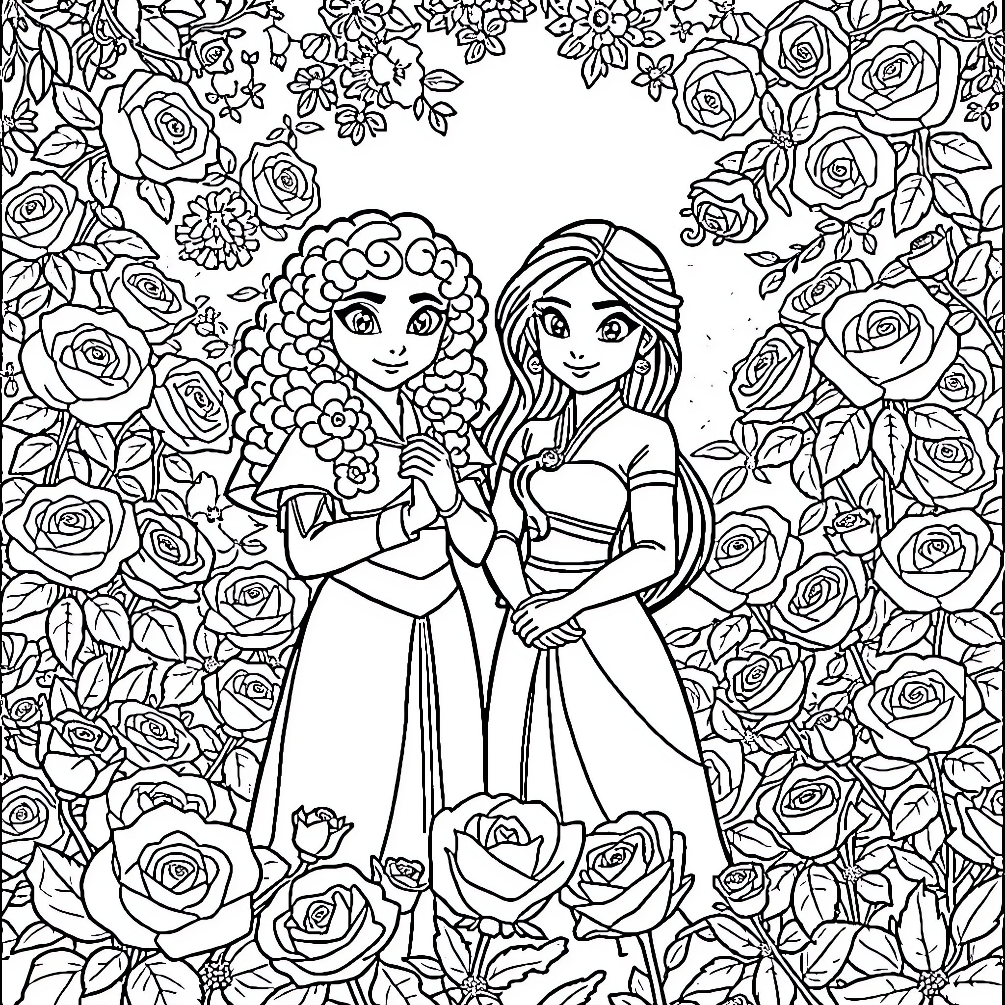 Merida and Brave Companion Surrounded by Flowers Coloring Page (free black-and-white line drawing printable PDF for all, from beginners to advanced learners, including children, teens, adults, and seniors)