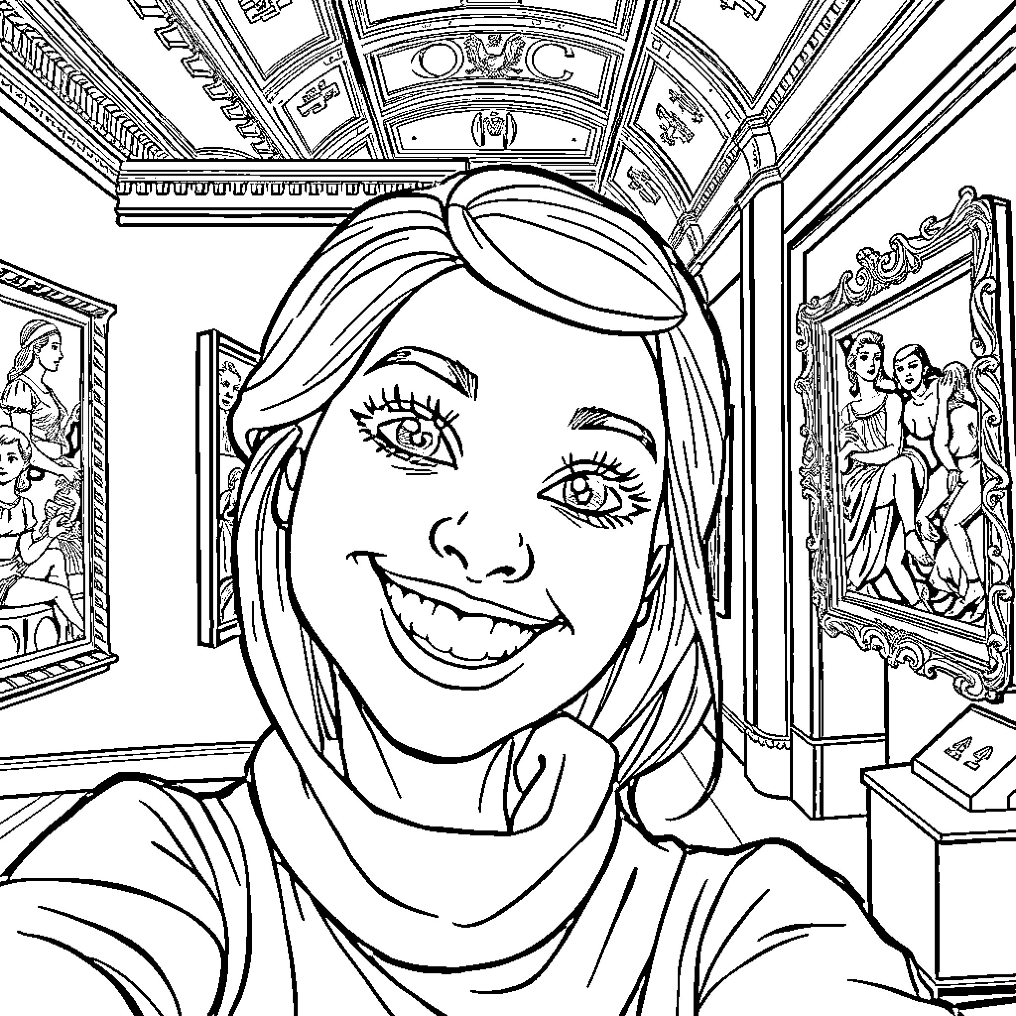 Mona Lisa's Selfie in an Art Gallery Coloring Page (free black-and-white line drawing printable PDF for all, from beginners to advanced learners, including children, teens, adults, and seniors)