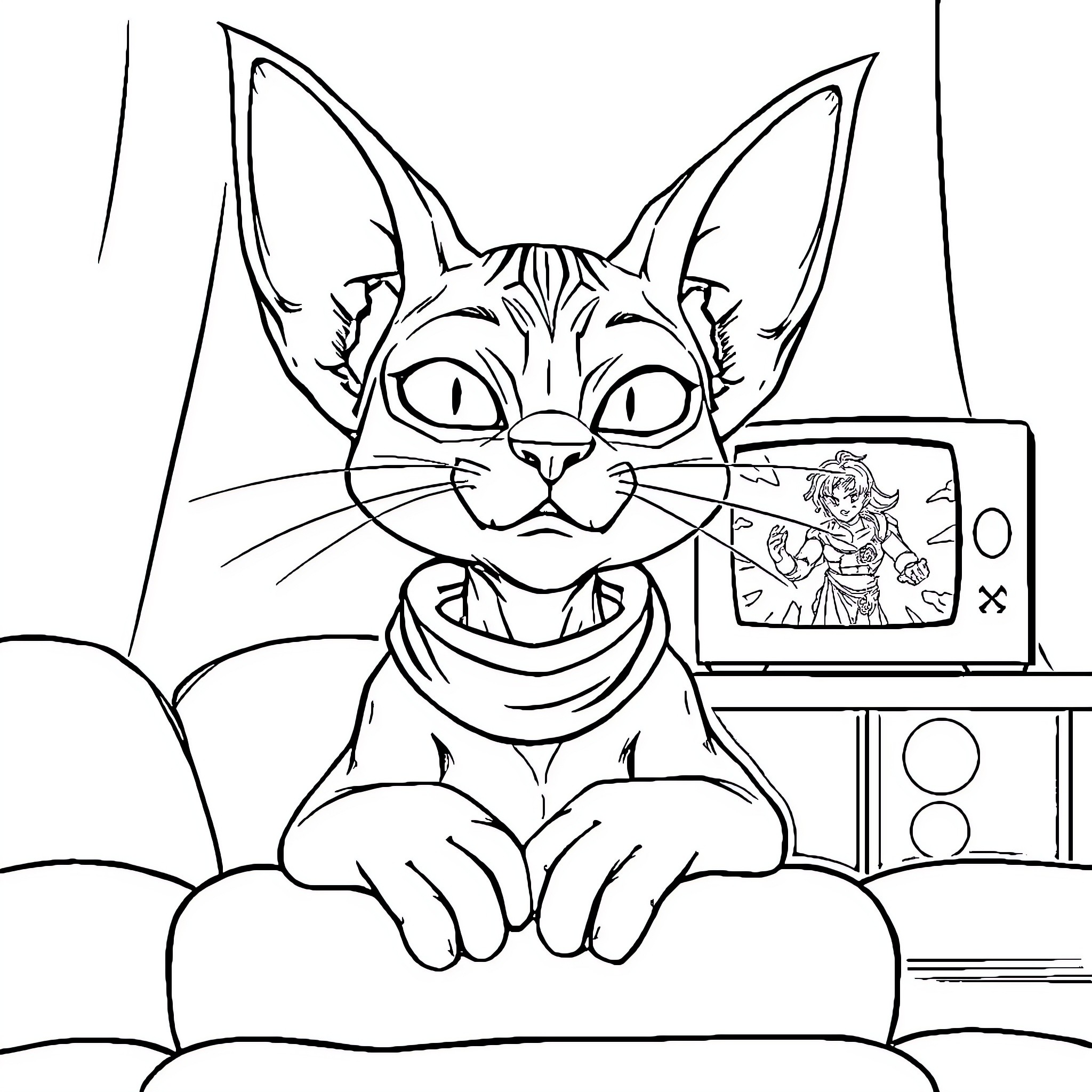 Sphinx Enjoying Gaming on Television Coloring Page (free black-and-white line drawing printable PDF for all, from beginners to advanced learners, including children, teens, adults, and seniors)