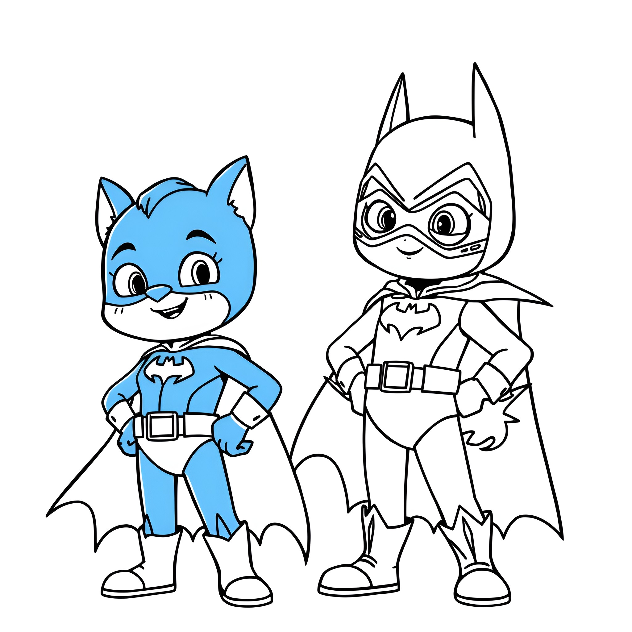 Bluey and Batman in Superhero Costumes Coloring Page (free black-and-white line drawing printable PDF for all, from beginners to advanced learners, including children, teens, adults, and seniors)