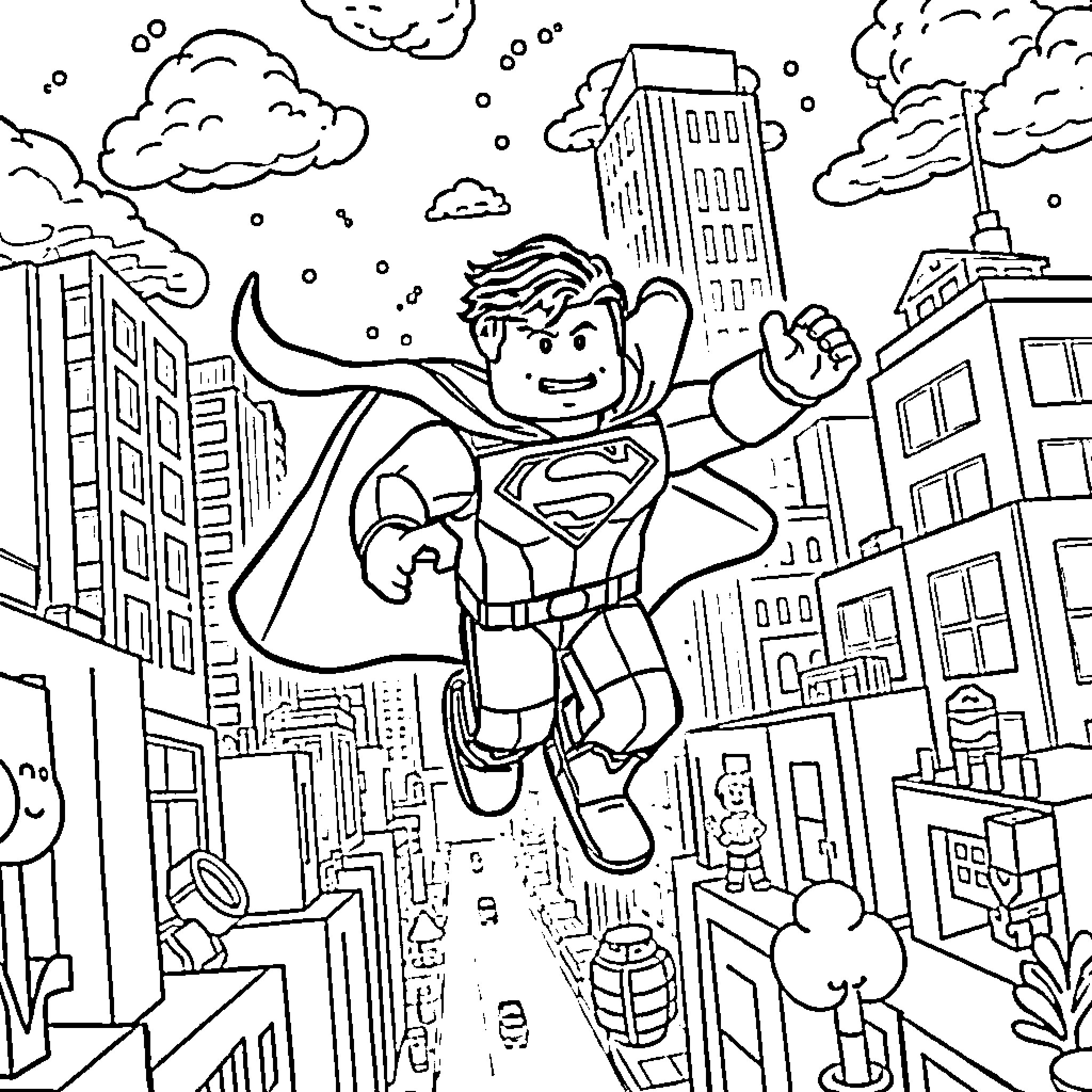 Superman flying heroically over a city skyline Coloring Page (free black-and-white line drawing printable PDF for all, from beginners to advanced learners, including children, teens, adults, and seniors)