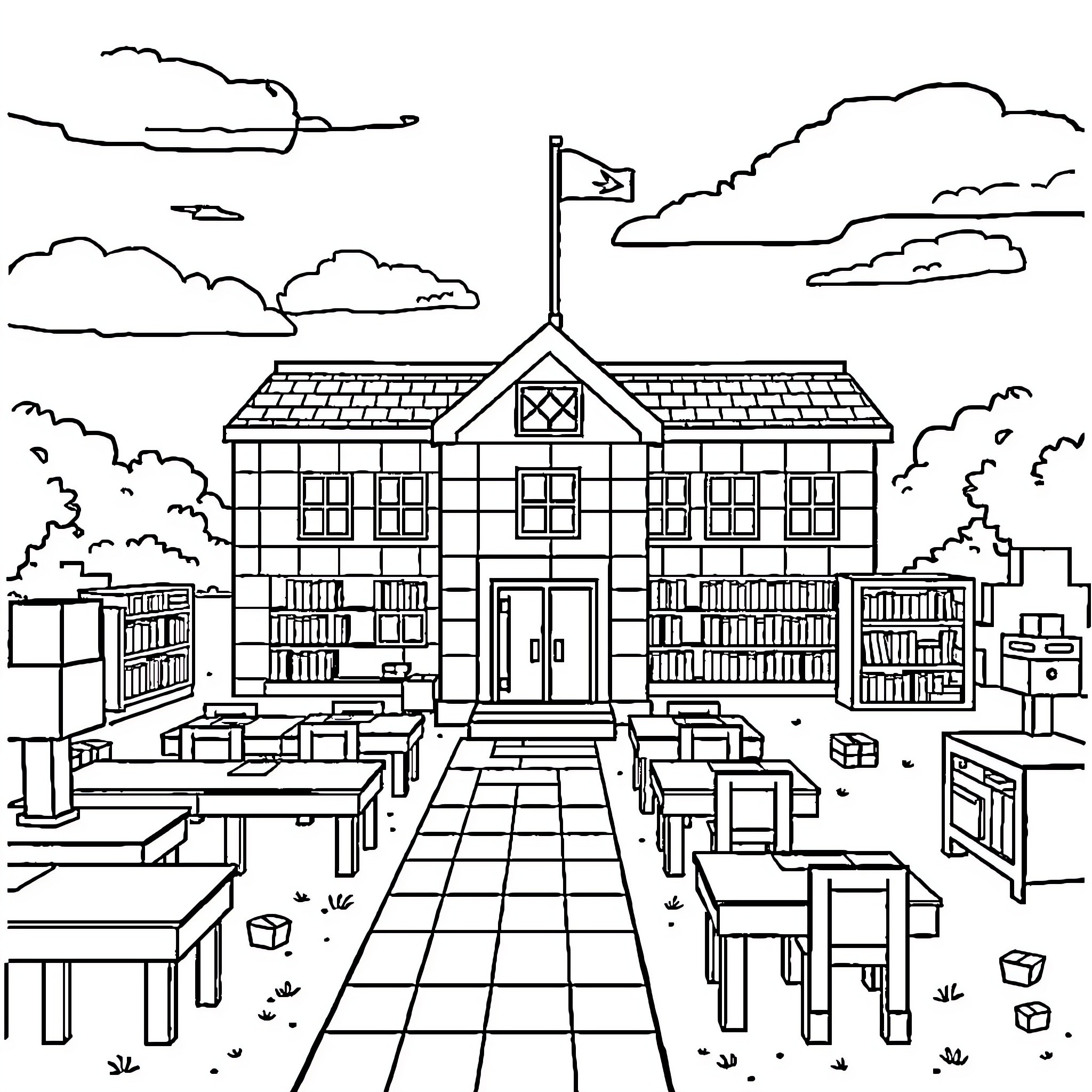 Minecraft School Building and Classroom Illustration Coloring Page (free black-and-white line drawing printable PDF for all, from beginners to advanced learners, including children, teens, adults, and seniors)