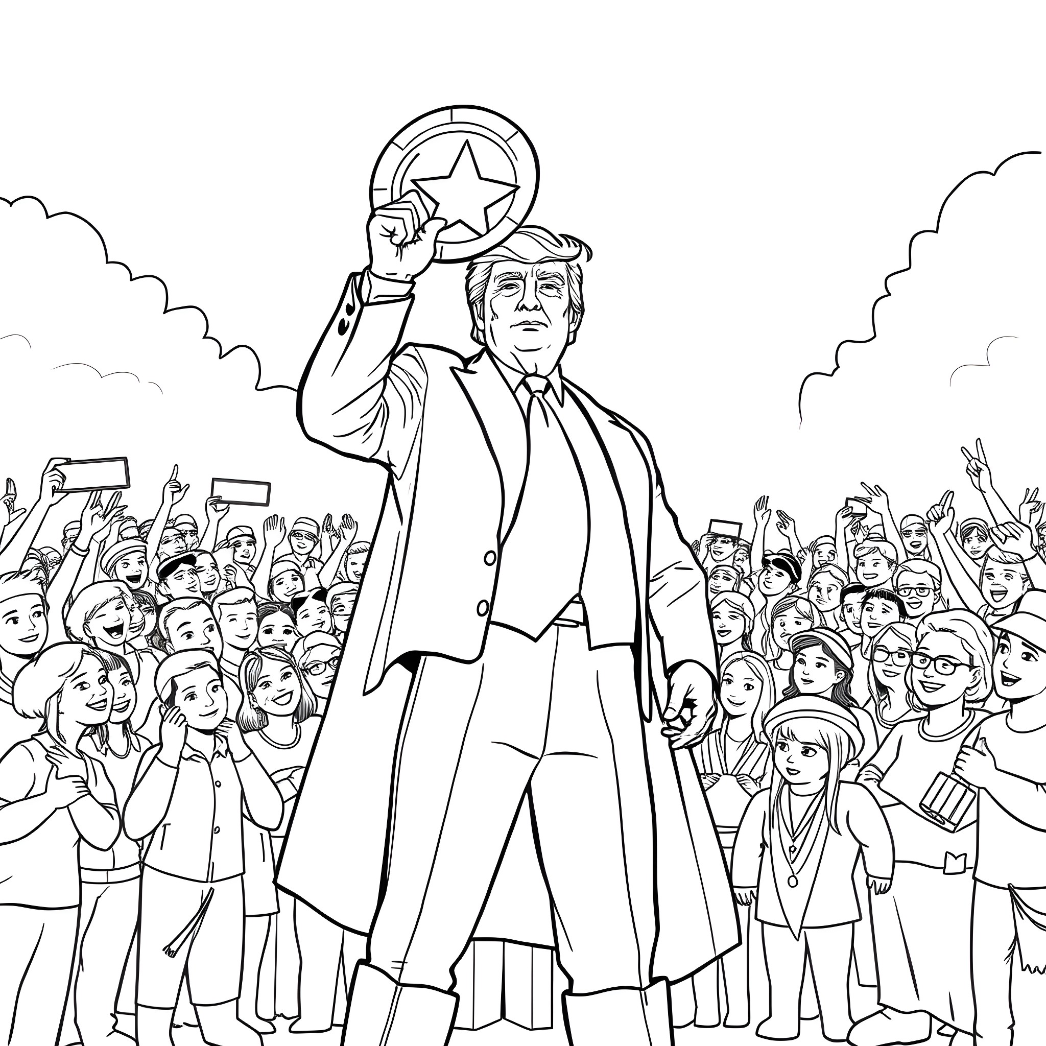 Donald Trump addressing enthusiastic crowd Coloring Page (free black-and-white line drawing printable PDF for all, from beginners to advanced learners, including children, teens, adults, and seniors)