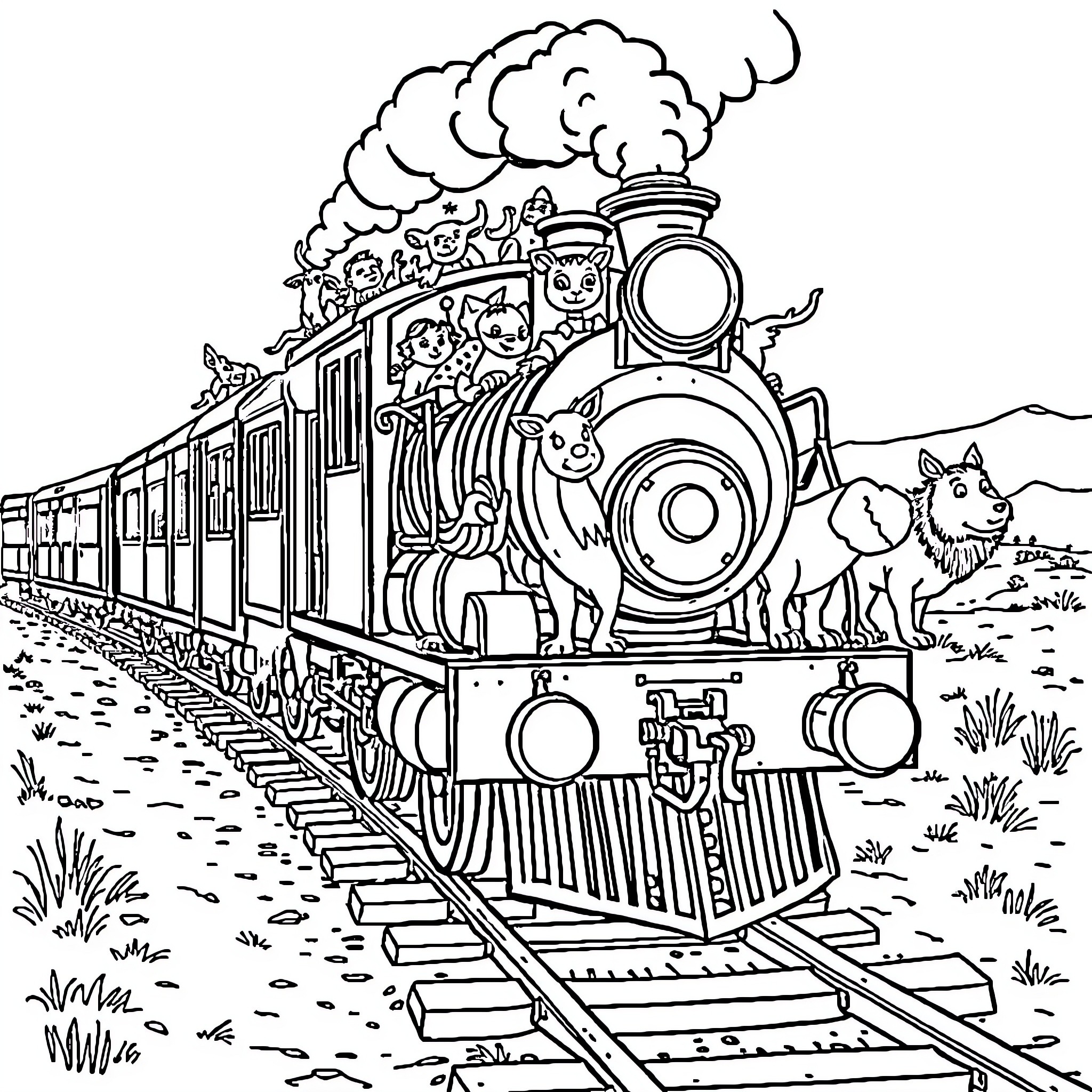 Train carrying animals on a scenic journey Coloring Page (free black-and-white line drawing printable PDF for all, from beginners to advanced learners, including children, teens, adults, and seniors)