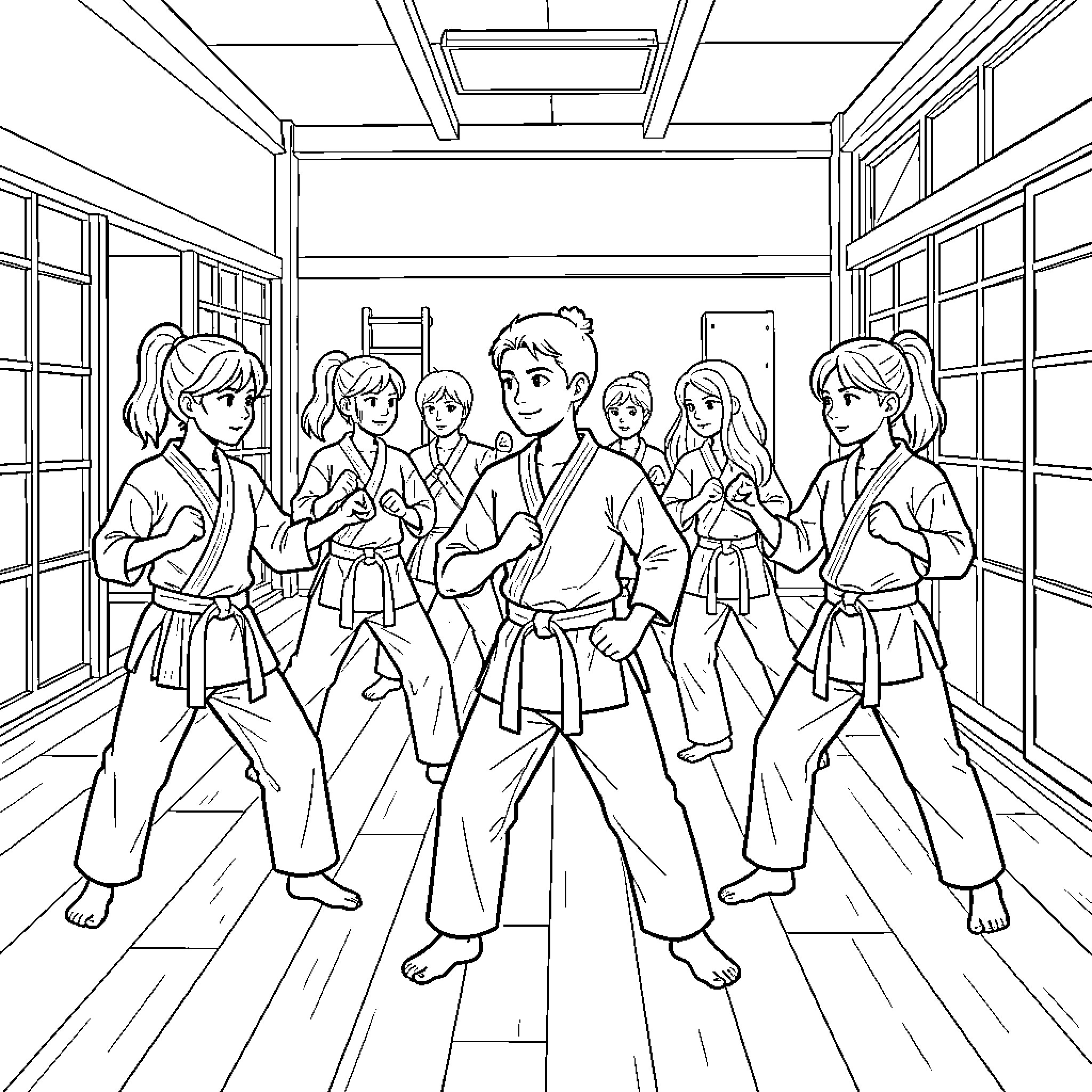 Karate Girl performing martial arts moves with classmates Coloring Page (free black-and-white line drawing printable PDF for all, from beginners to advanced learners, including children, teens, adults, and seniors)