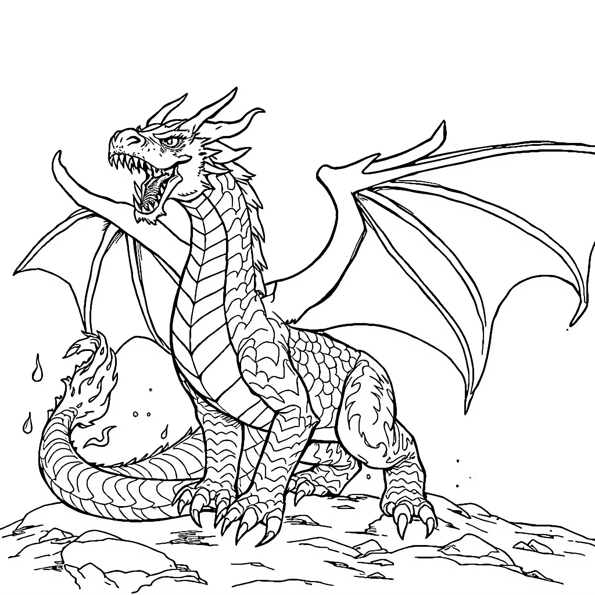 Dragon unleashing fierce power in the landscape Coloring Page (free black-and-white line drawing printable PDF for all, from beginners to advanced learners, including children, teens, adults, and seniors)