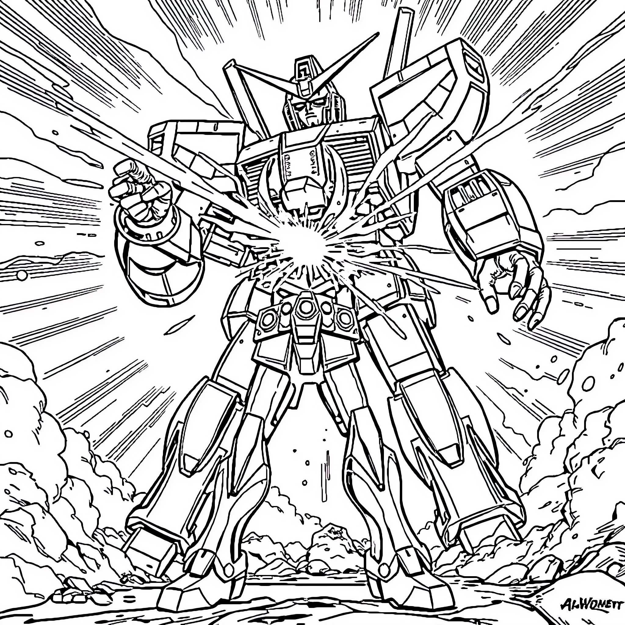 Spawn of a Mighty Mecha Warrior Coloring Page (free black-and-white line drawing printable PDF for all, from beginners to advanced learners, including children, teens, adults, and seniors)