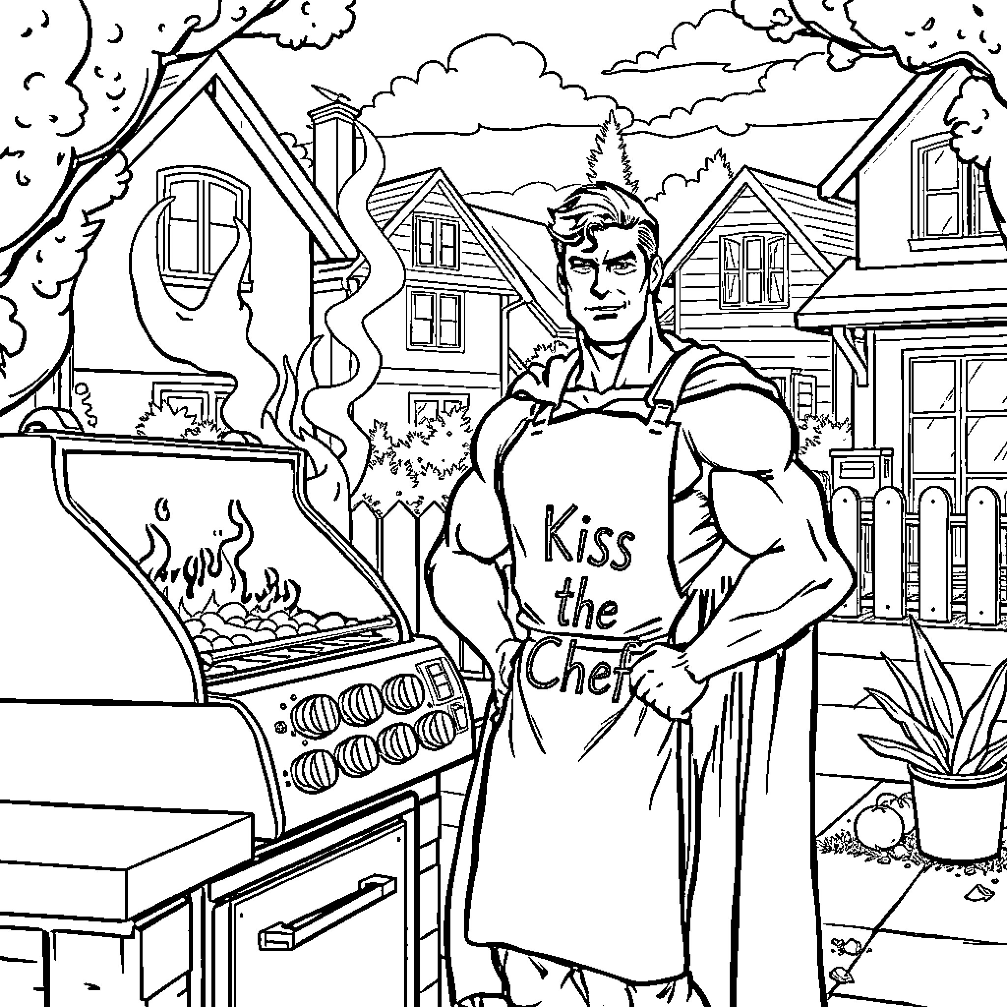 Superman Grilling and Serving Burgers in the Neighborhood Coloring Page (free black-and-white line drawing printable PDF for all, from beginners to advanced learners, including children, teens, adults, and seniors)