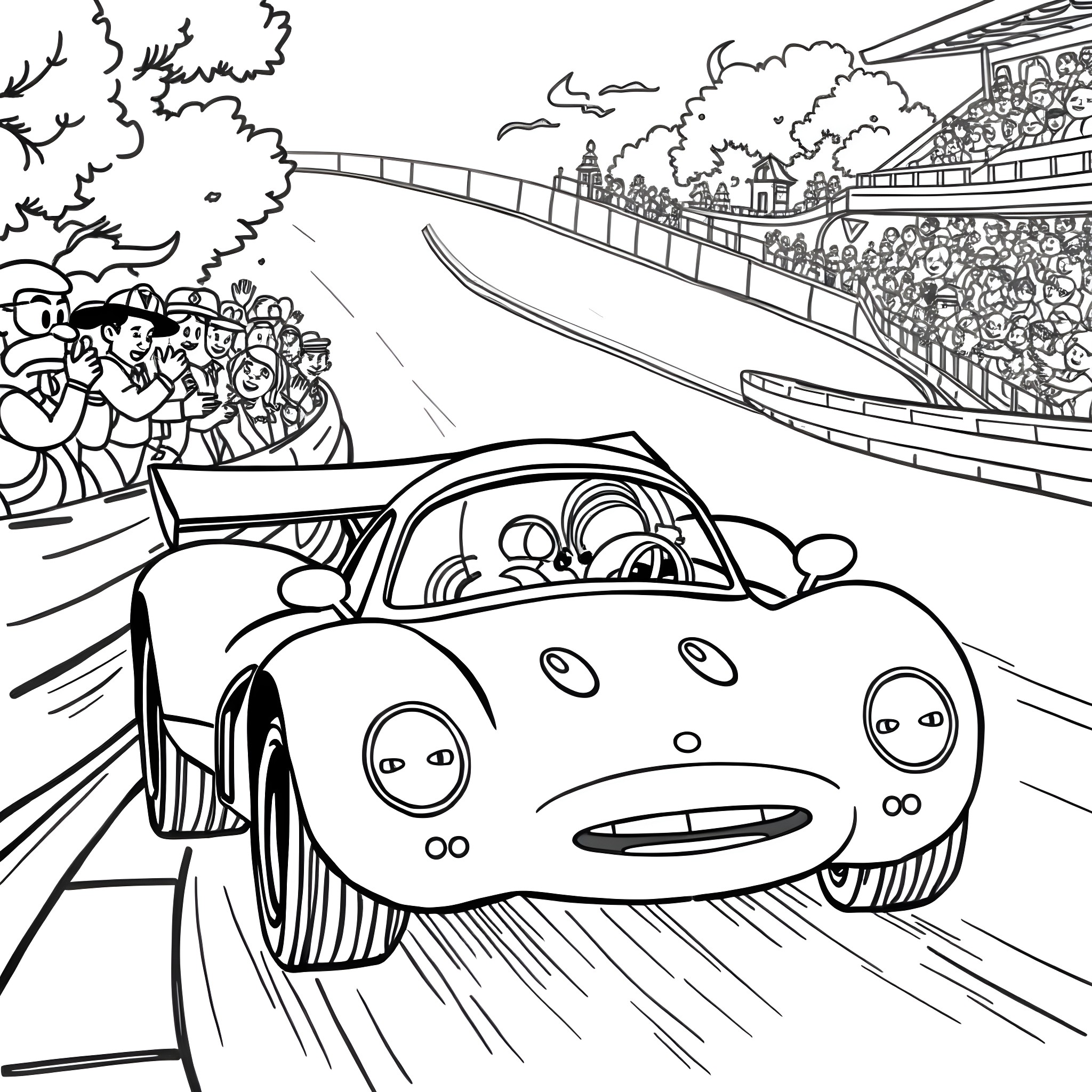 Cat Racing Car Speeding on Track Coloring Page (free black-and-white line drawing printable PDF for all, from beginners to advanced learners, including children, teens, adults, and seniors)