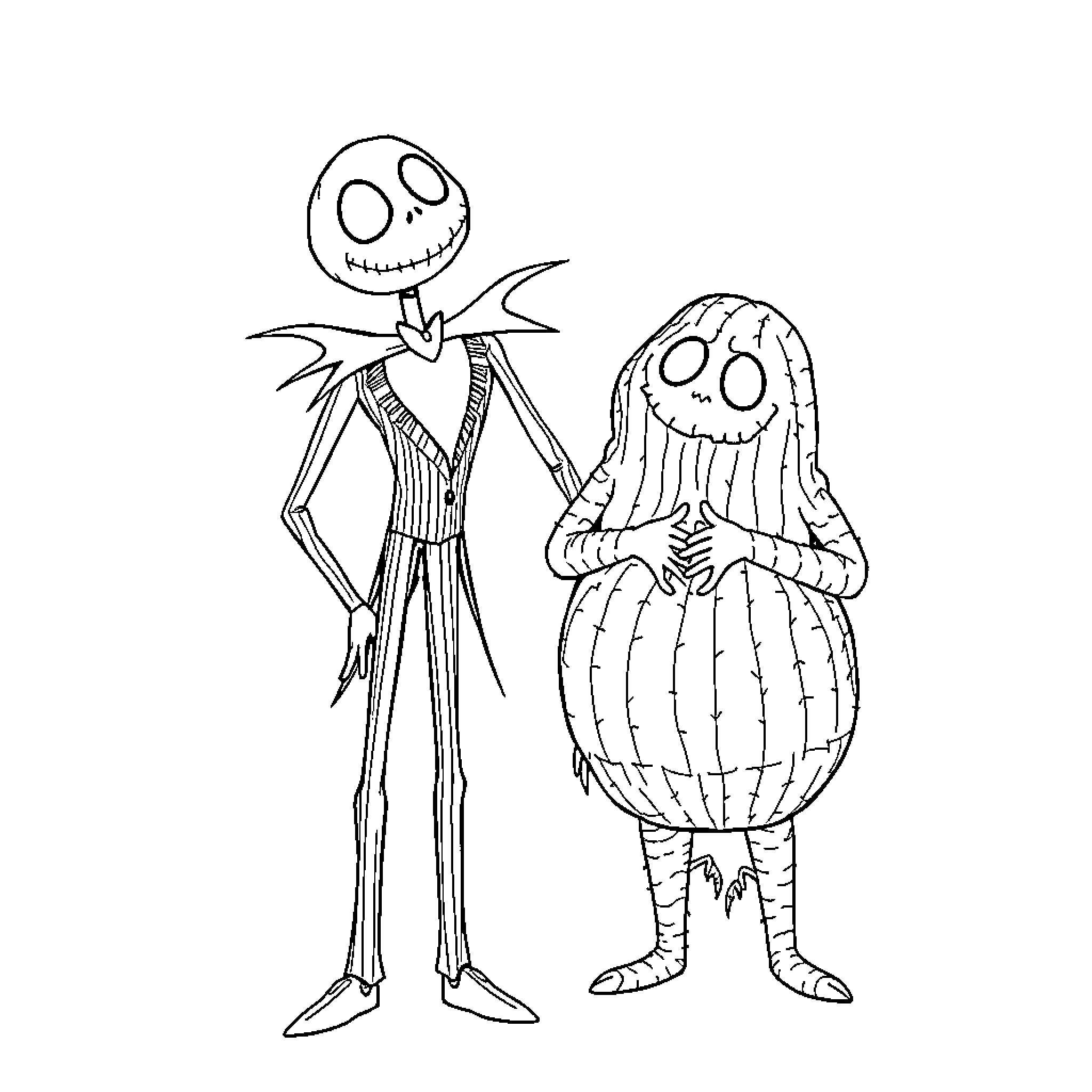 Jack Skellington and Sally in a spooky scene Coloring Page (free black-and-white line drawing printable PDF for all, from beginners to advanced learners, including children, teens, adults, and seniors)