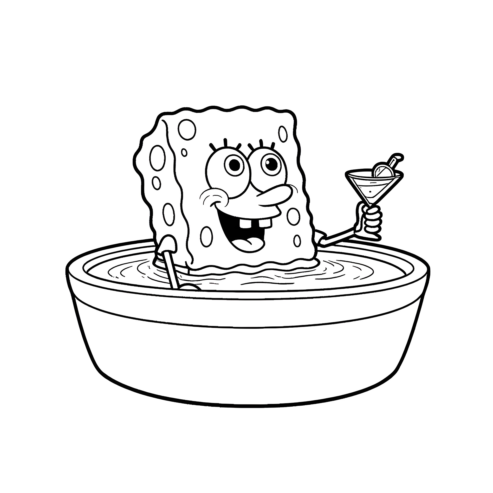 Spongebob relaxing in a bathtub with a drink Coloring Page (free black-and-white line drawing printable PDF for all, from beginners to advanced learners, including children, teens, adults, and seniors)