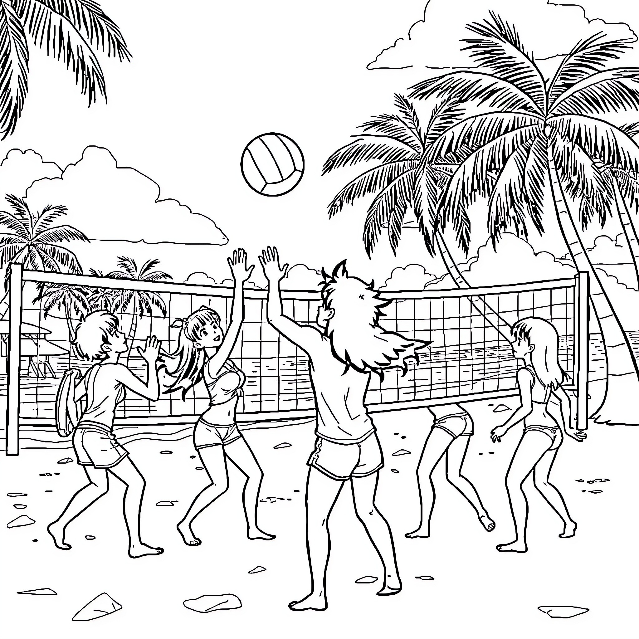 Anime Characters Playing Beach Volleyball Under Palm Trees Coloring Page (free black-and-white line drawing printable PDF for all, from beginners to advanced learners, including children, teens, adults, and seniors)