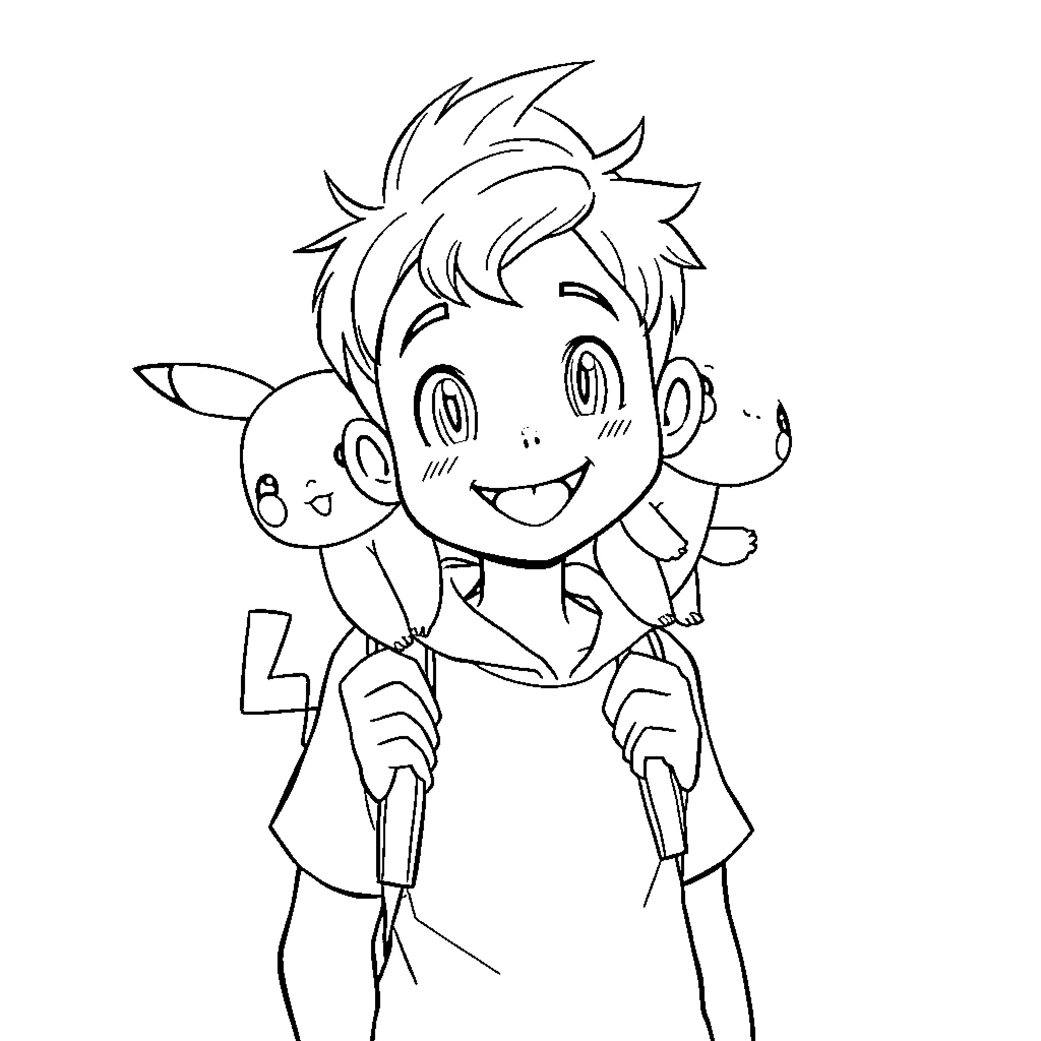 Boy happily playing with cartoon animal friends Coloring Page (free black-and-white line drawing printable PDF for all, from beginners to advanced learners, including children, teens, adults, and seniors)