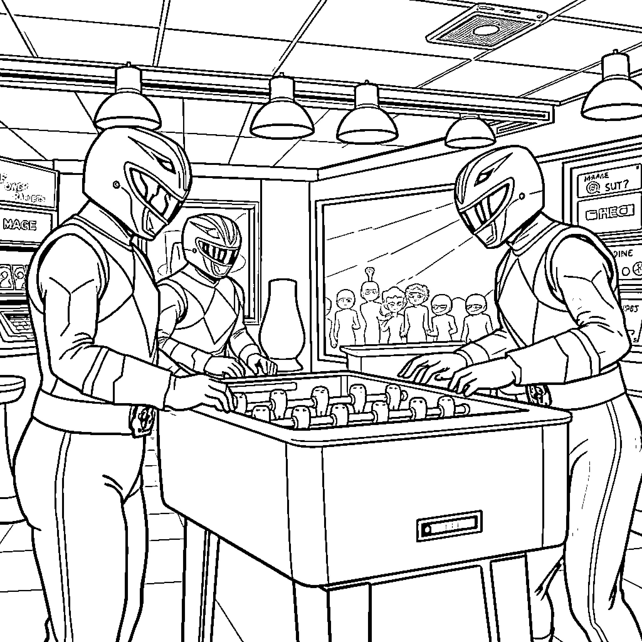 Power Rangers Strategizing at Game Console Coloring Page (free black-and-white line drawing printable PDF for all, from beginners to advanced learners, including children, teens, adults, and seniors)