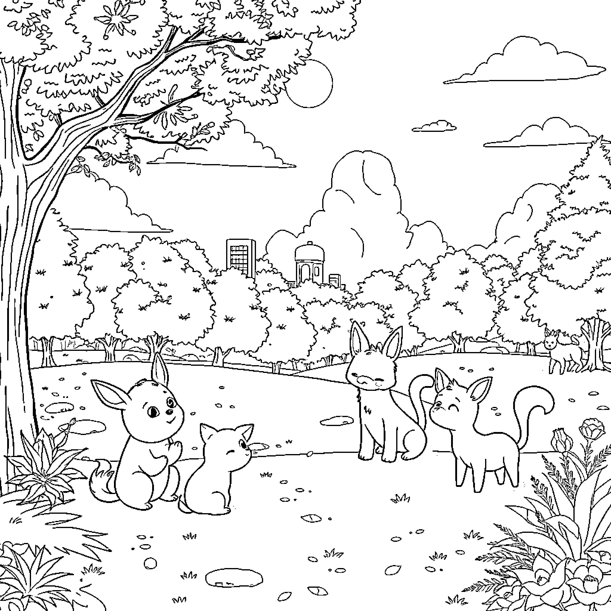Anime Animals Playing in the Park Coloring Page (free black-and-white line drawing printable PDF for all, from beginners to advanced learners, including children, teens, adults, and seniors)