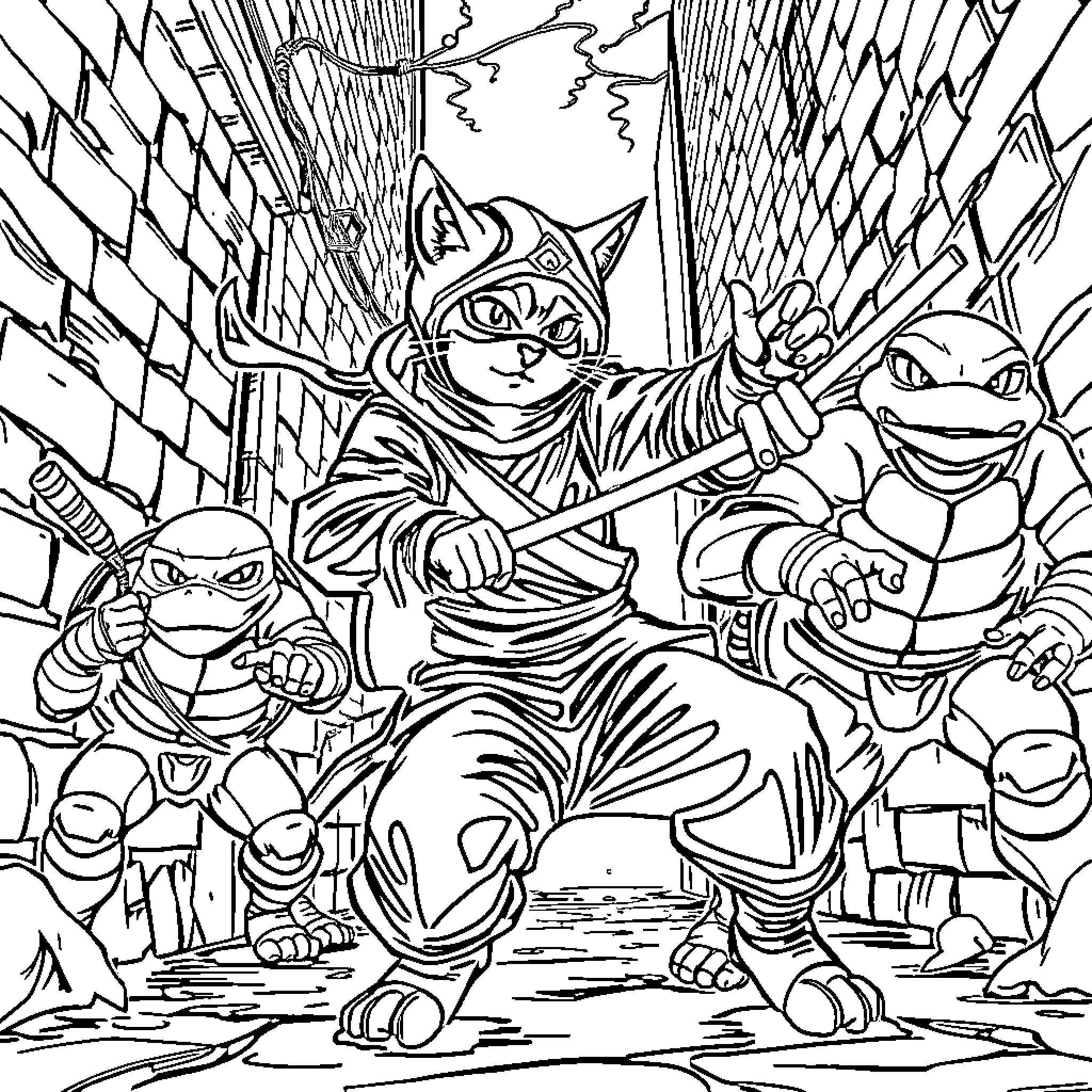 Cat warriors in action against enemies Coloring Page (free black-and-white line drawing printable PDF for all, from beginners to advanced learners, including children, teens, adults, and seniors)