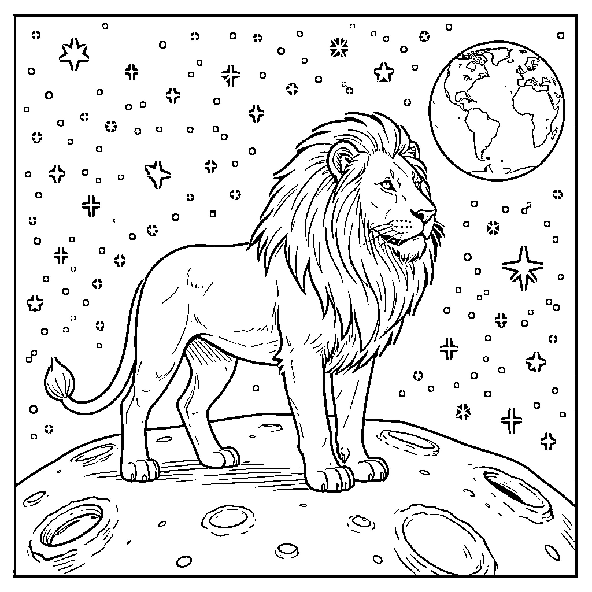 Lion standing proudly under the night sky Coloring Page (free black-and-white line drawing printable PDF for all, from beginners to advanced learners, including children, teens, adults, and seniors)