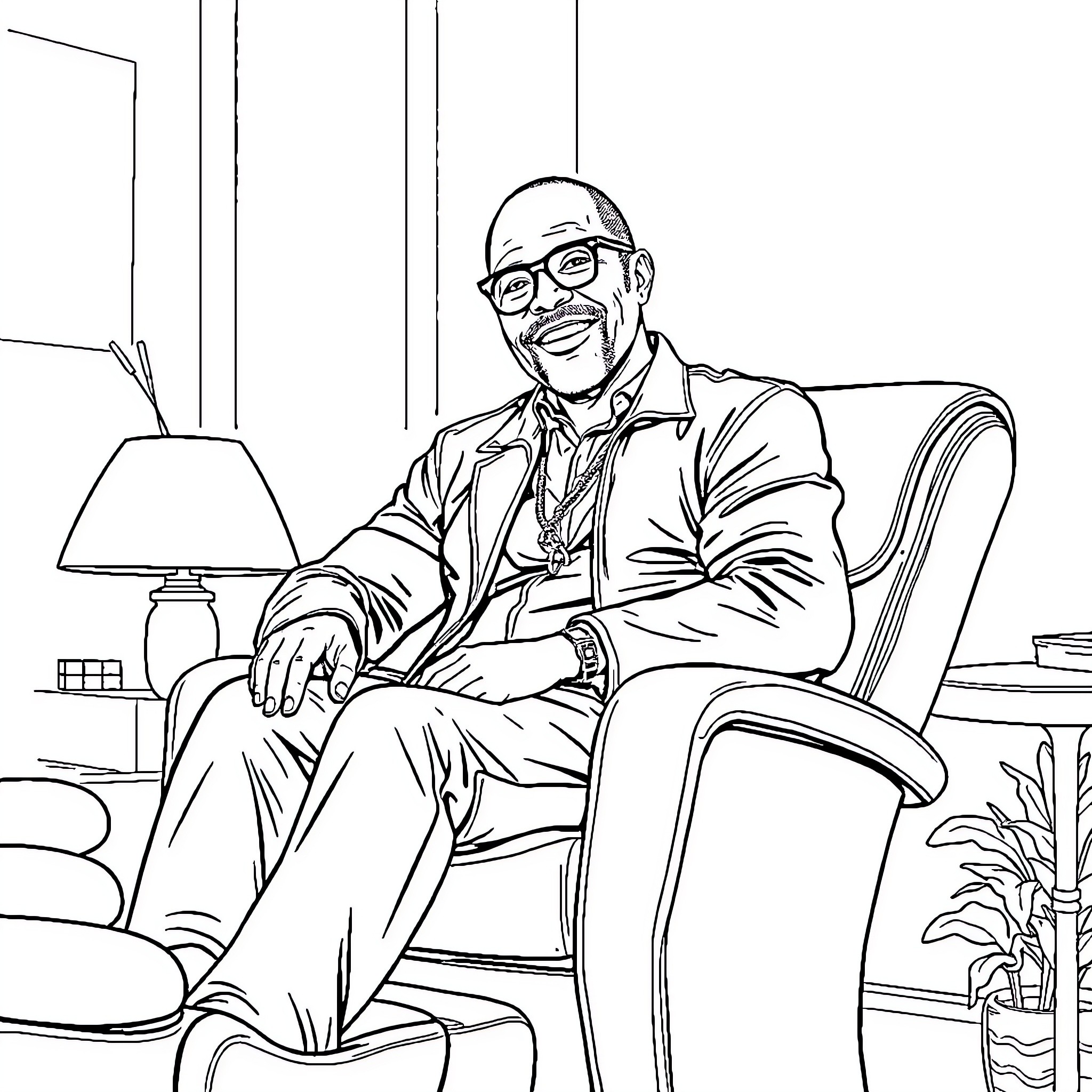 Samuel L. Jackson Sitting Comfortably in Office Chair Coloring Page (free black-and-white line drawing printable PDF for all, from beginners to advanced learners, including children, teens, adults, and seniors)