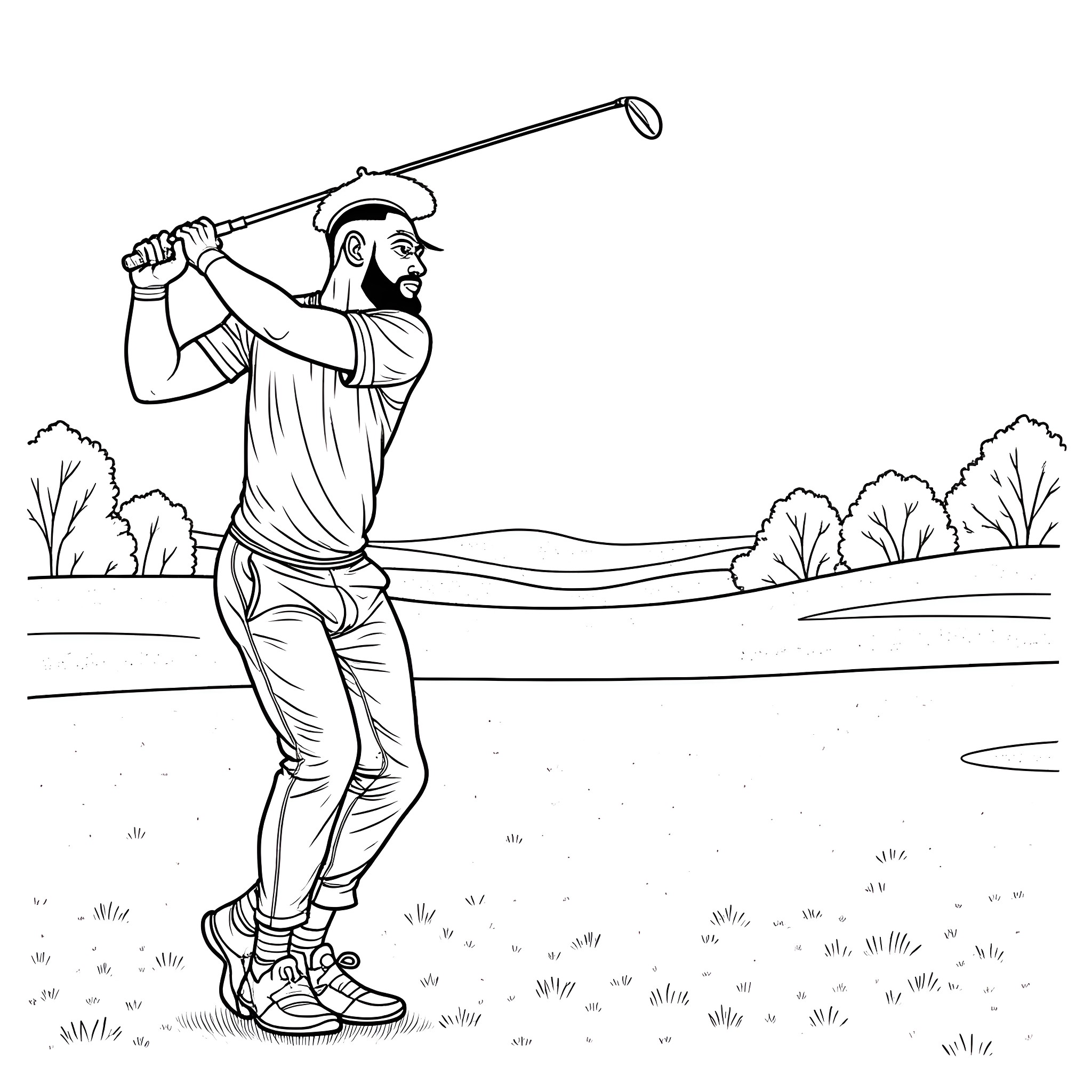 LeBron James playing golf on the course Coloring Page (free black-and-white line drawing printable PDF for all, from beginners to advanced learners, including children, teens, adults, and seniors)