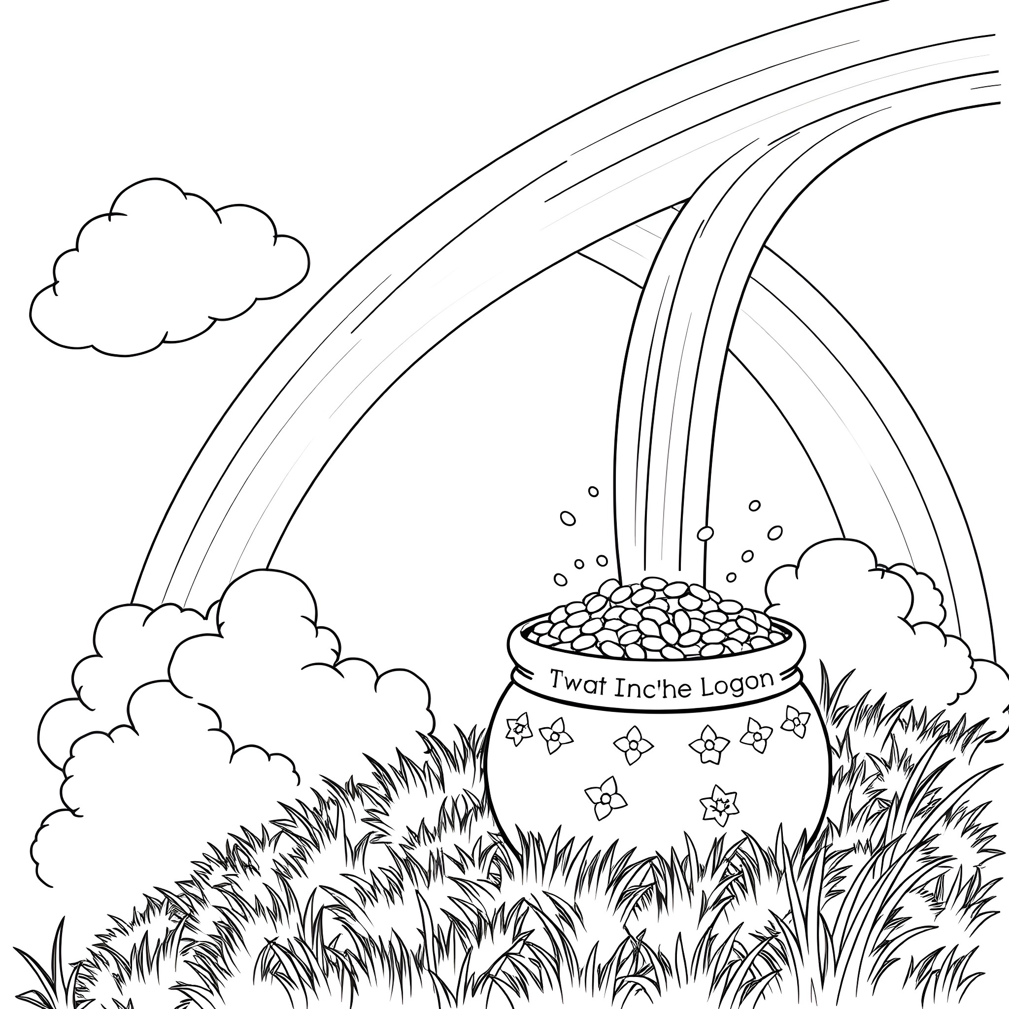 Rainbow pot of gold and lucky stars in the meadow Coloring Page (free black-and-white line drawing printable PDF for all, from beginners to advanced learners, including children, teens, adults, and seniors)