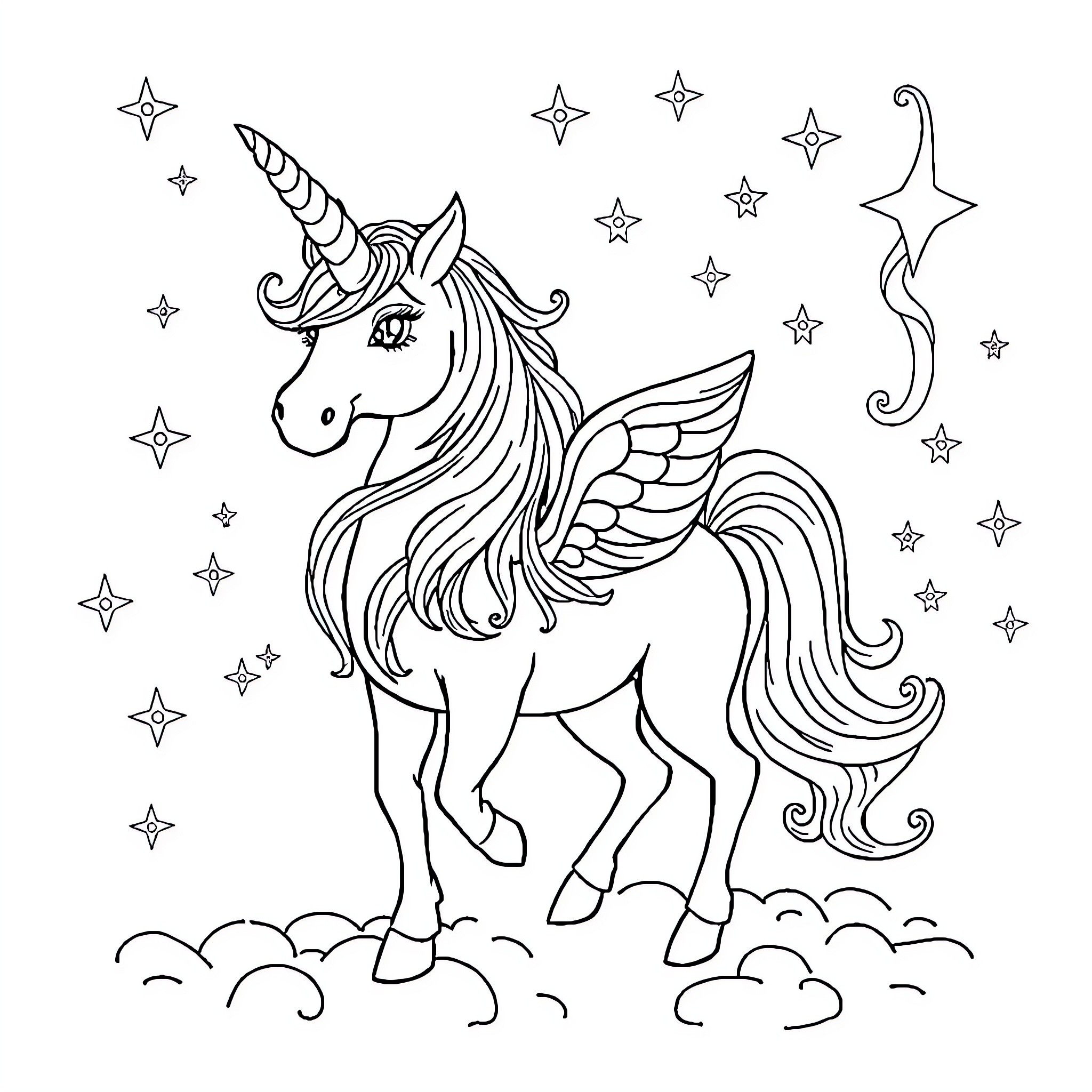 Unicorn prancing amidst sparkling stars Coloring Page (free black-and-white line drawing printable PDF for all, from beginners to advanced learners, including children, teens, adults, and seniors)