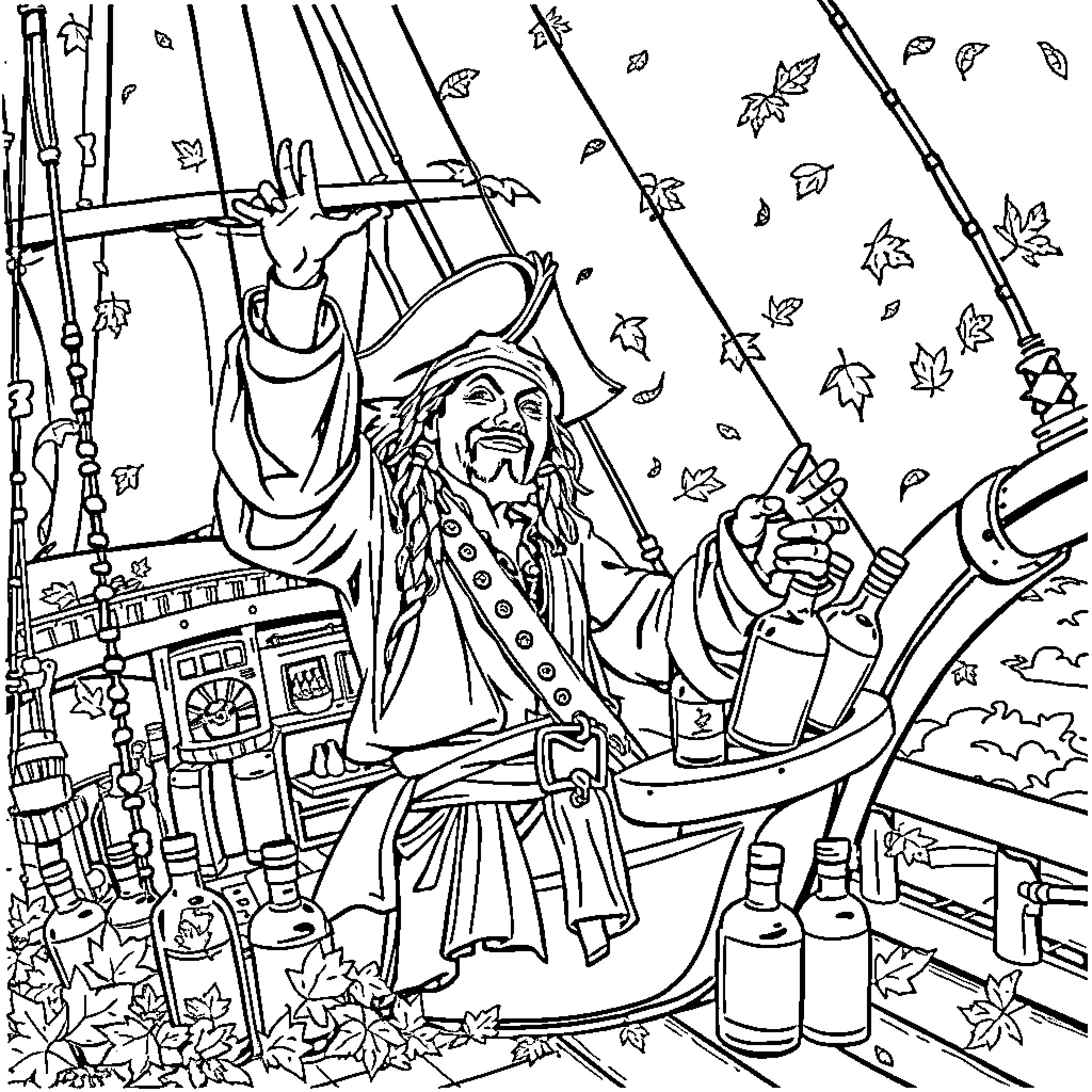 Captain Jack Sparrow sailing through the stormy seas Coloring Page (free black-and-white line drawing printable PDF for all, from beginners to advanced learners, including children, teens, adults, and seniors)