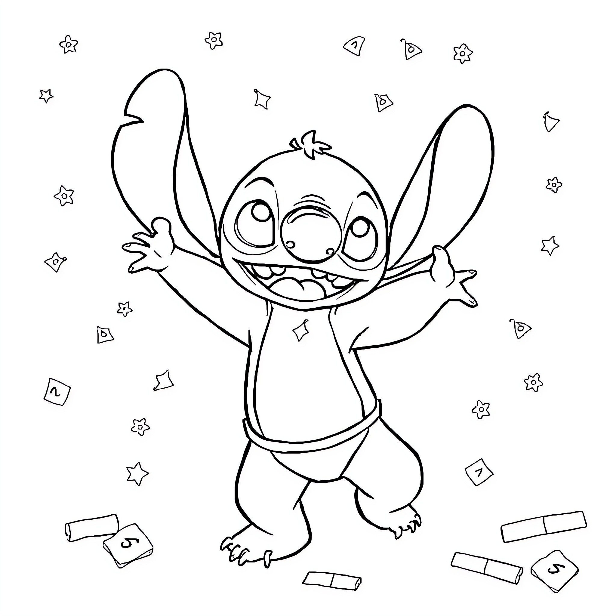 Stitch having a playful adventure with stars Coloring Page (free black-and-white line drawing printable PDF for all, from beginners to advanced learners, including children, teens, adults, and seniors)