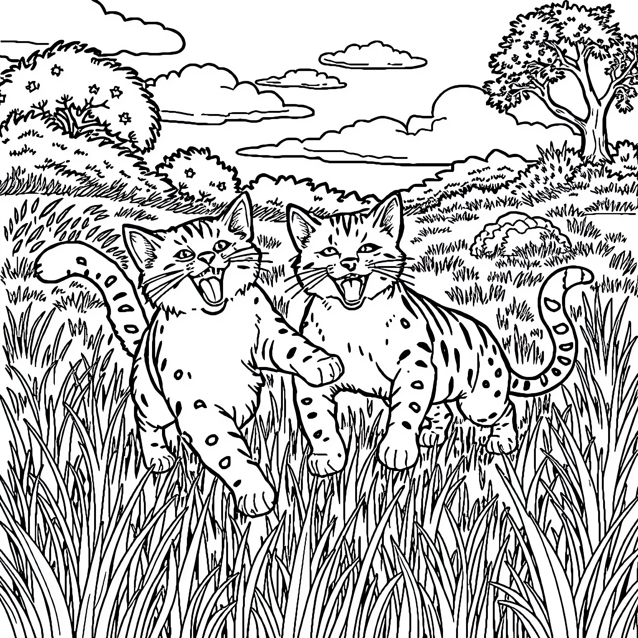 Big Cats Playing in the Wilderness Coloring Page (free black-and-white line drawing printable PDF for all, from beginners to advanced learners, including children, teens, adults, and seniors)