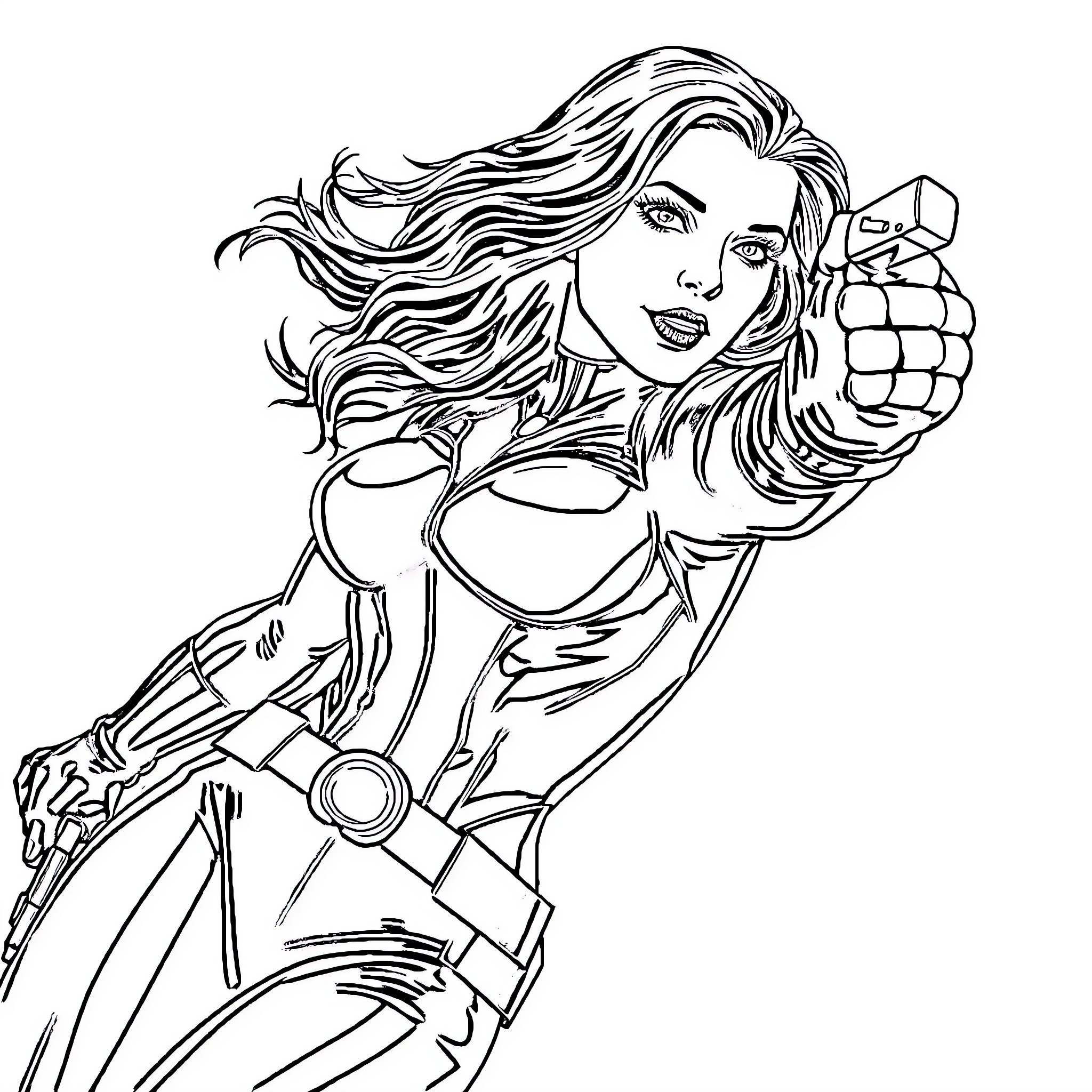 Black Widow in action pose with determination Coloring Page (free black-and-white line drawing printable PDF for all, from beginners to advanced learners, including children, teens, adults, and seniors)