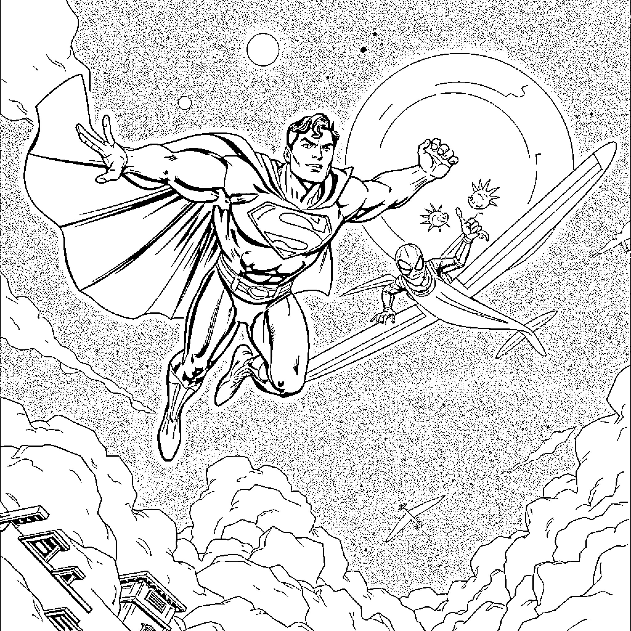 Superman heroically soaring through the skies Coloring Page (free black-and-white line drawing printable PDF for all, from beginners to advanced learners, including children, teens, adults, and seniors)