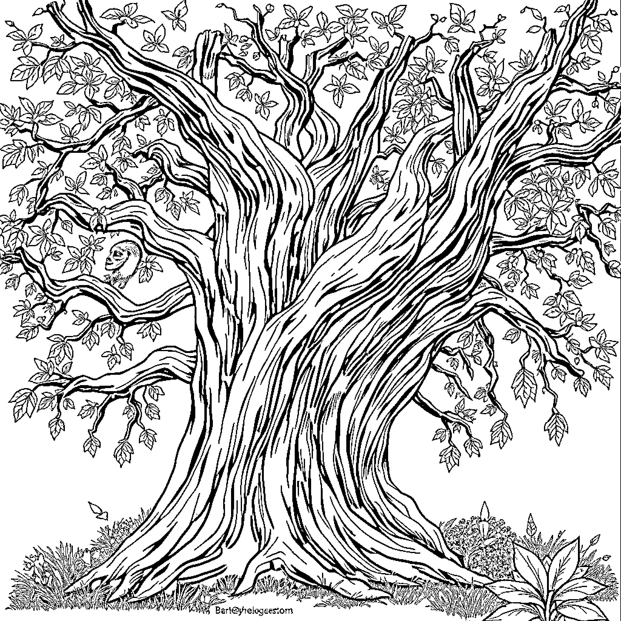 Secret Lair of Ancient Tree with Intricate Branches Coloring Page (free black-and-white line drawing printable PDF for all, from beginners to advanced learners, including children, teens, adults, and seniors)