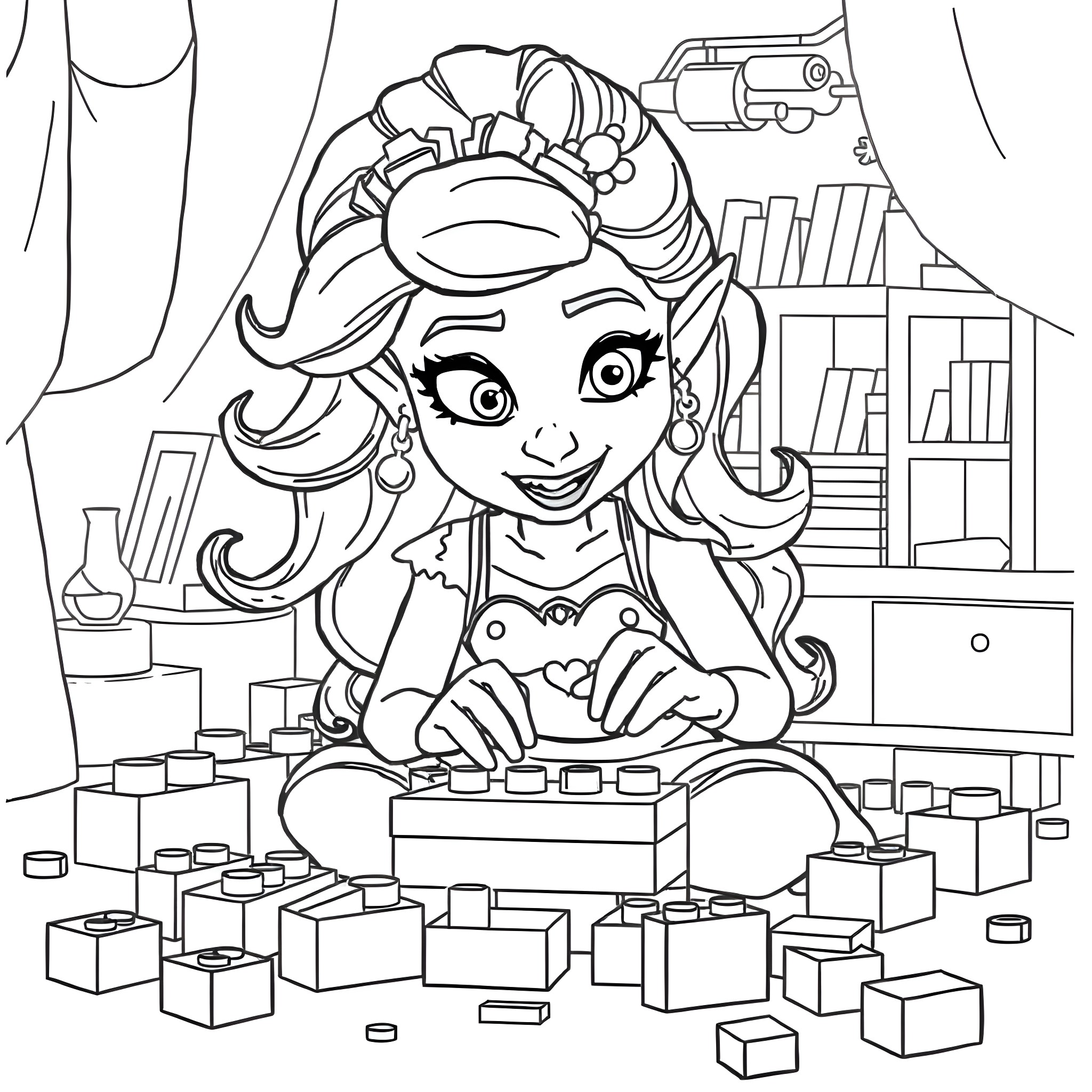Mal Building Blocks and Toys in Room Coloring Page (free black-and-white line drawing printable PDF for all, from beginners to advanced learners, including children, teens, adults, and seniors)
