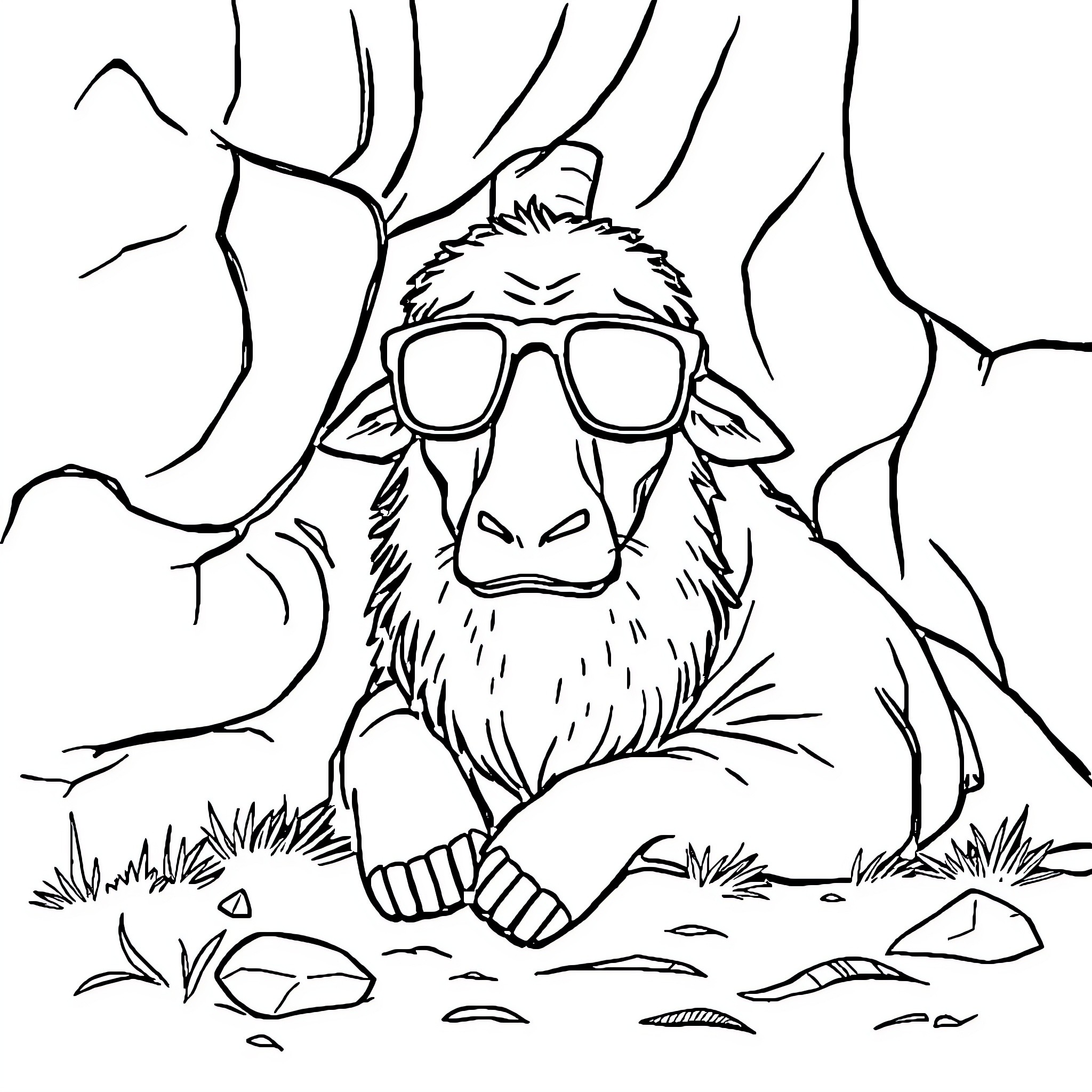 German Shepherd wearing sunglasses in nature Coloring Page (free black-and-white line drawing printable PDF for all, from beginners to advanced learners, including children, teens, adults, and seniors)