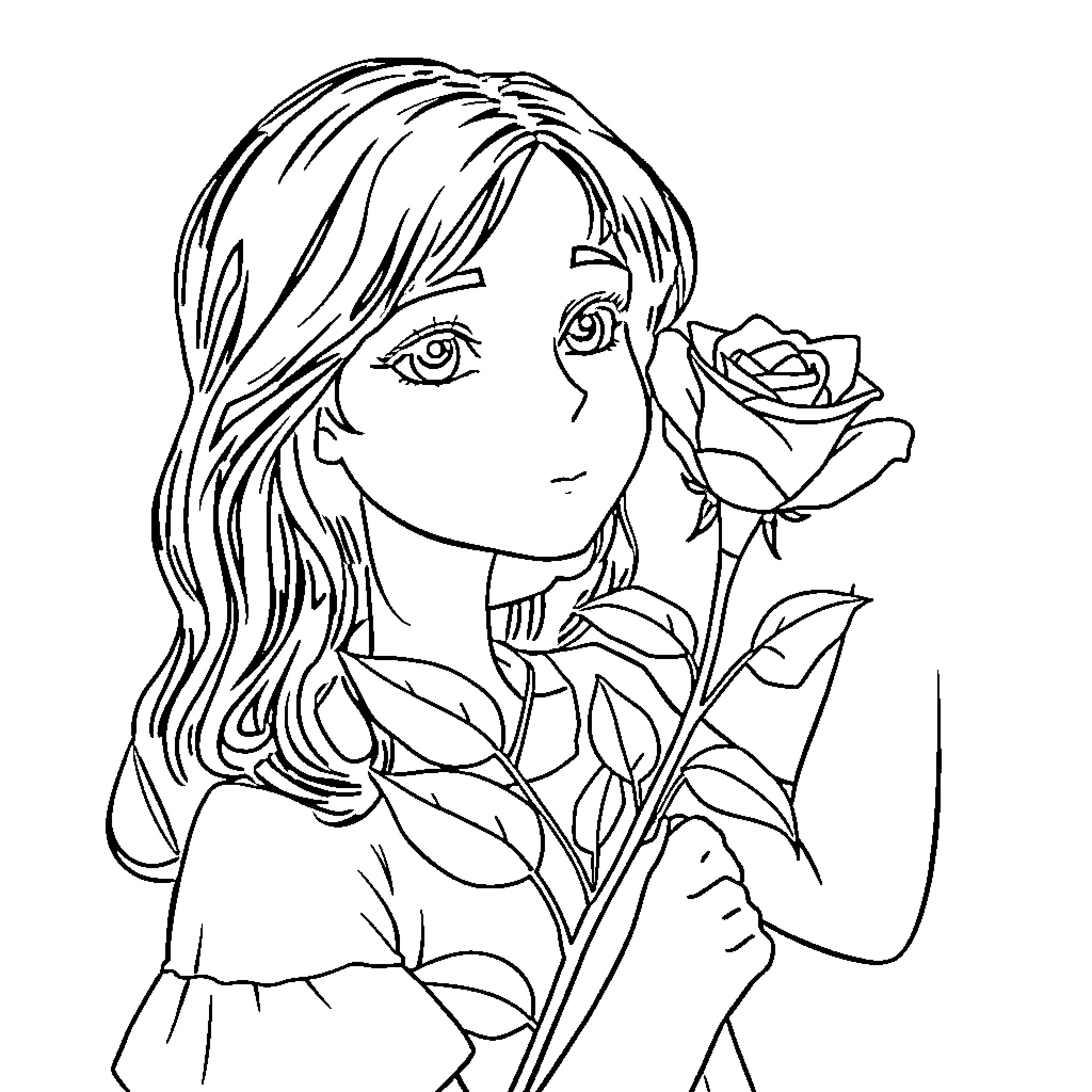 Girl holding a rose with a thoughtful expression Coloring Page (free black-and-white line drawing printable PDF for all, from beginners to advanced learners, including children, teens, adults, and seniors)