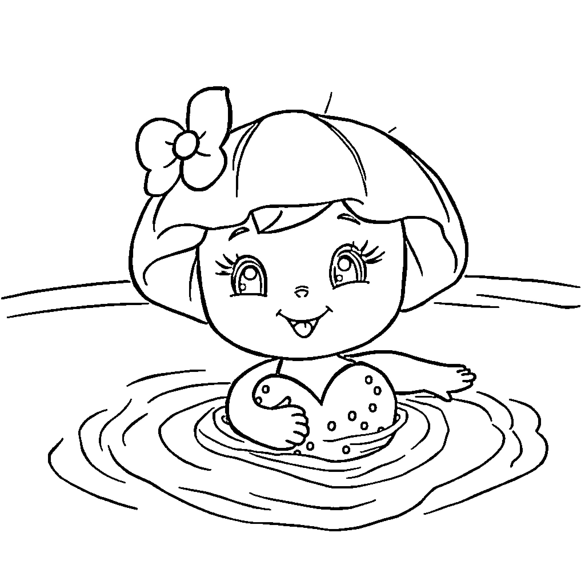 Strawberry Shortcake playing happily in the water Coloring Page (free black-and-white line drawing printable PDF for all, from beginners to advanced learners, including children, teens, adults, and seniors)