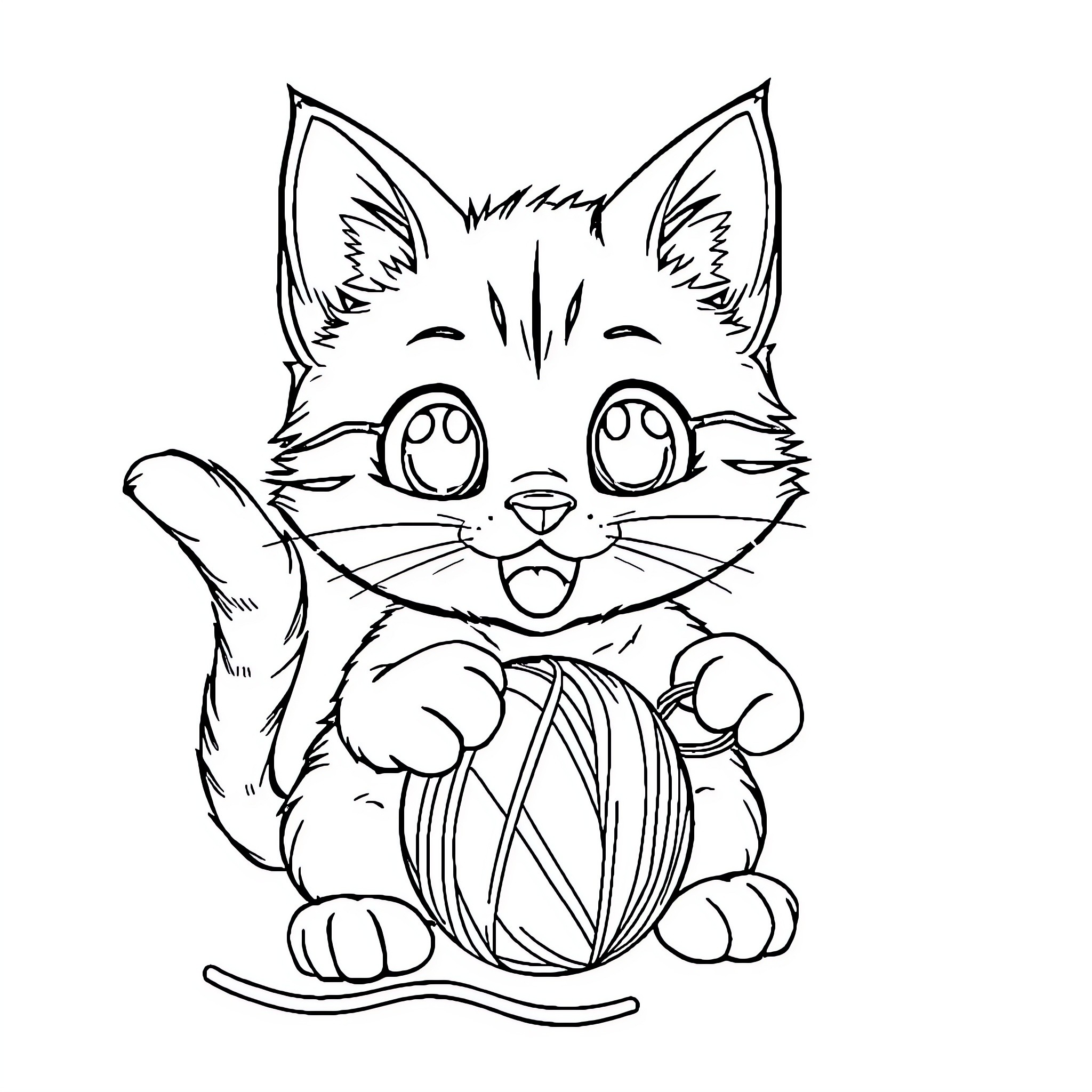 Cat playing with yarn in a happy mood Coloring Page (free black-and-white line drawing printable PDF for all, from beginners to advanced learners, including children, teens, adults, and seniors)