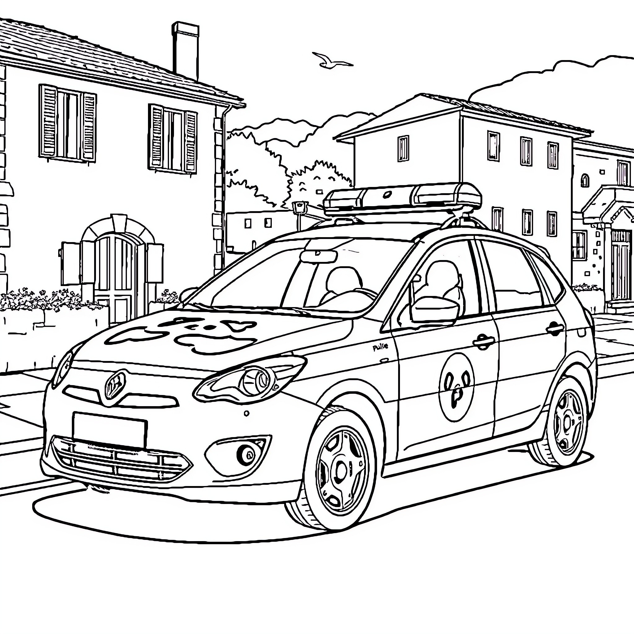 Panda Police Car on Patrol in the City Coloring Page (free black-and-white line drawing printable PDF for all, from beginners to advanced learners, including children, teens, adults, and seniors)