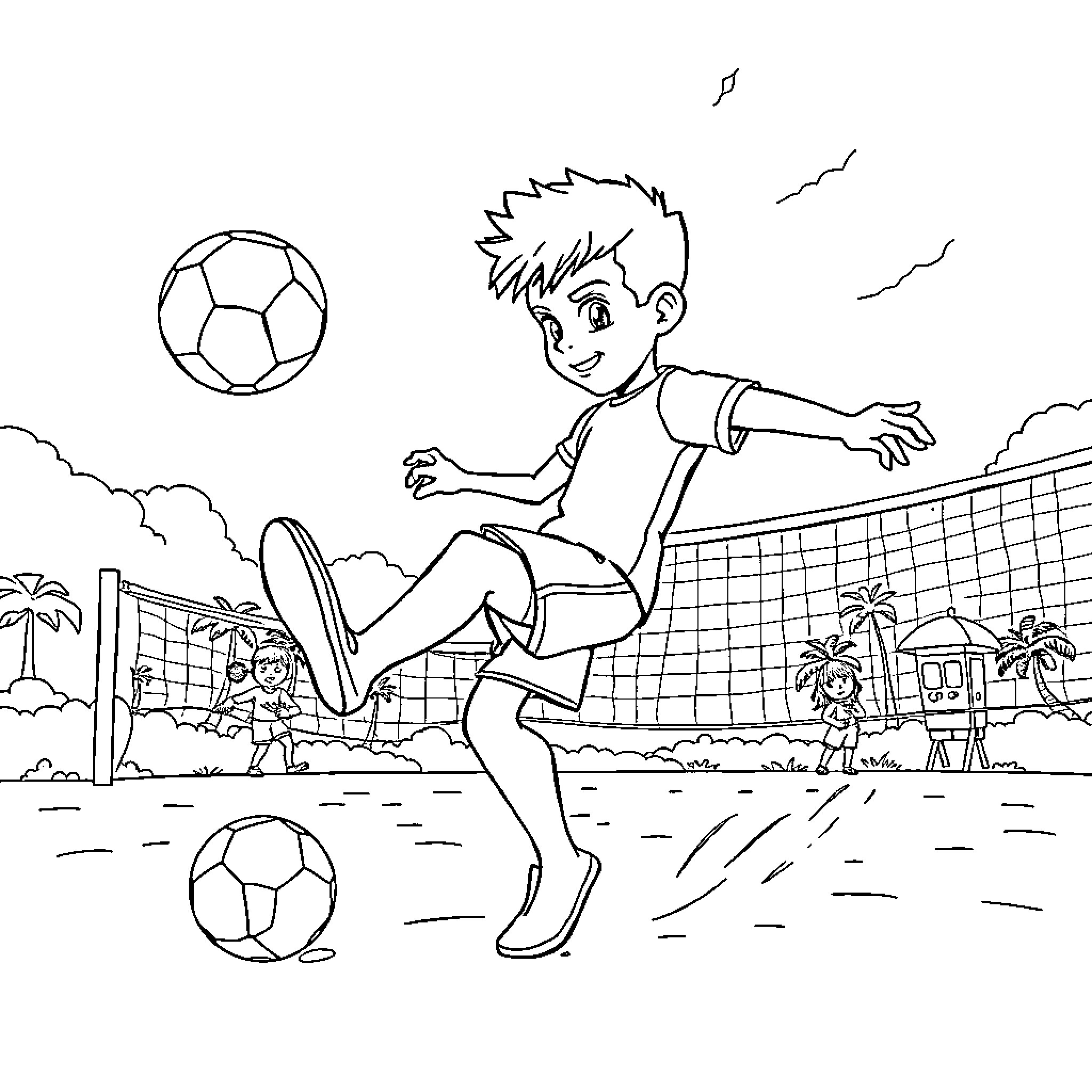 Ben 10 playing soccer on the beach Coloring Page (free black-and-white line drawing printable PDF for all, from beginners to advanced learners, including children, teens, adults, and seniors)