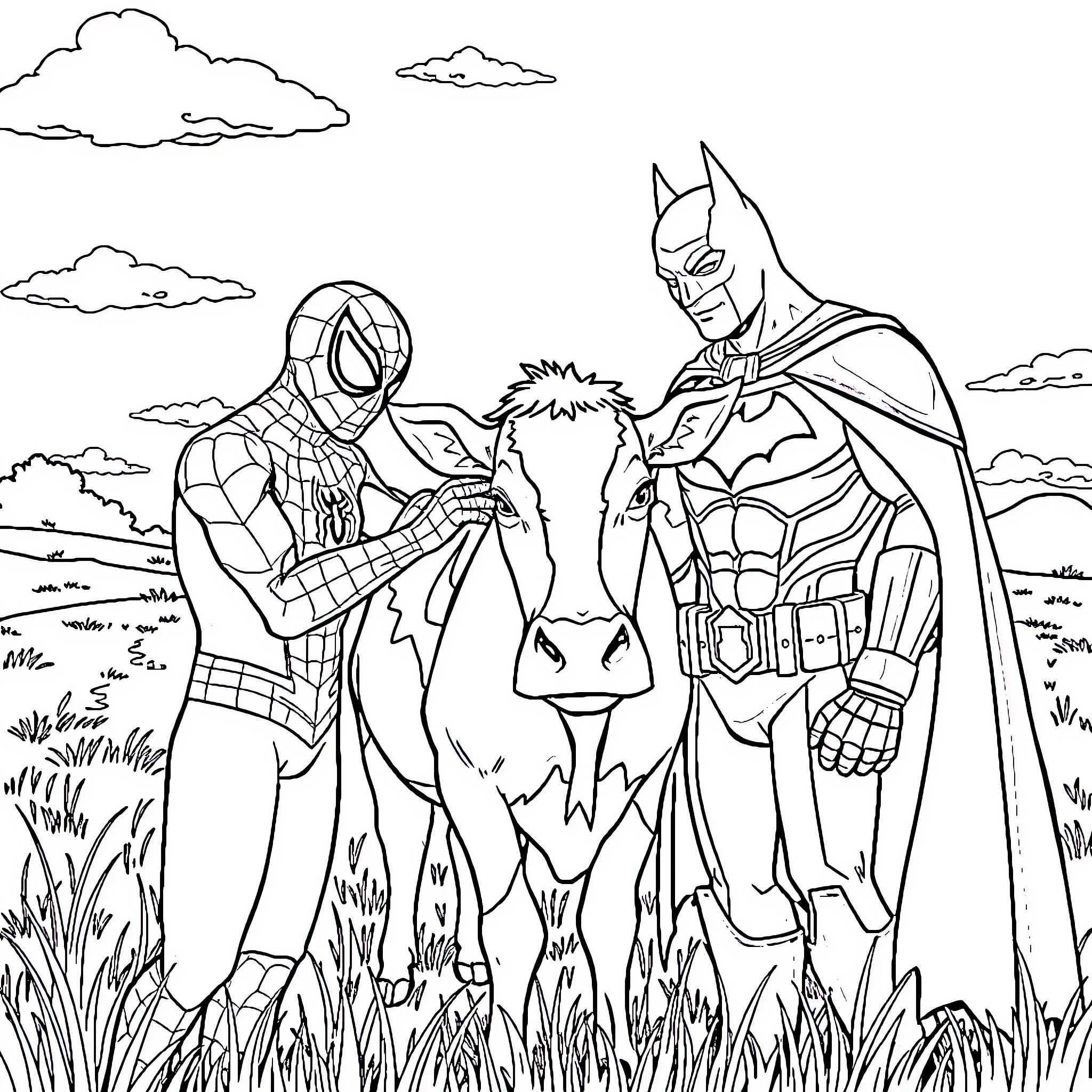 Cow superheroes in the outdoors Coloring Page (free black-and-white line drawing printable PDF for all, from beginners to advanced learners, including children, teens, adults, and seniors)