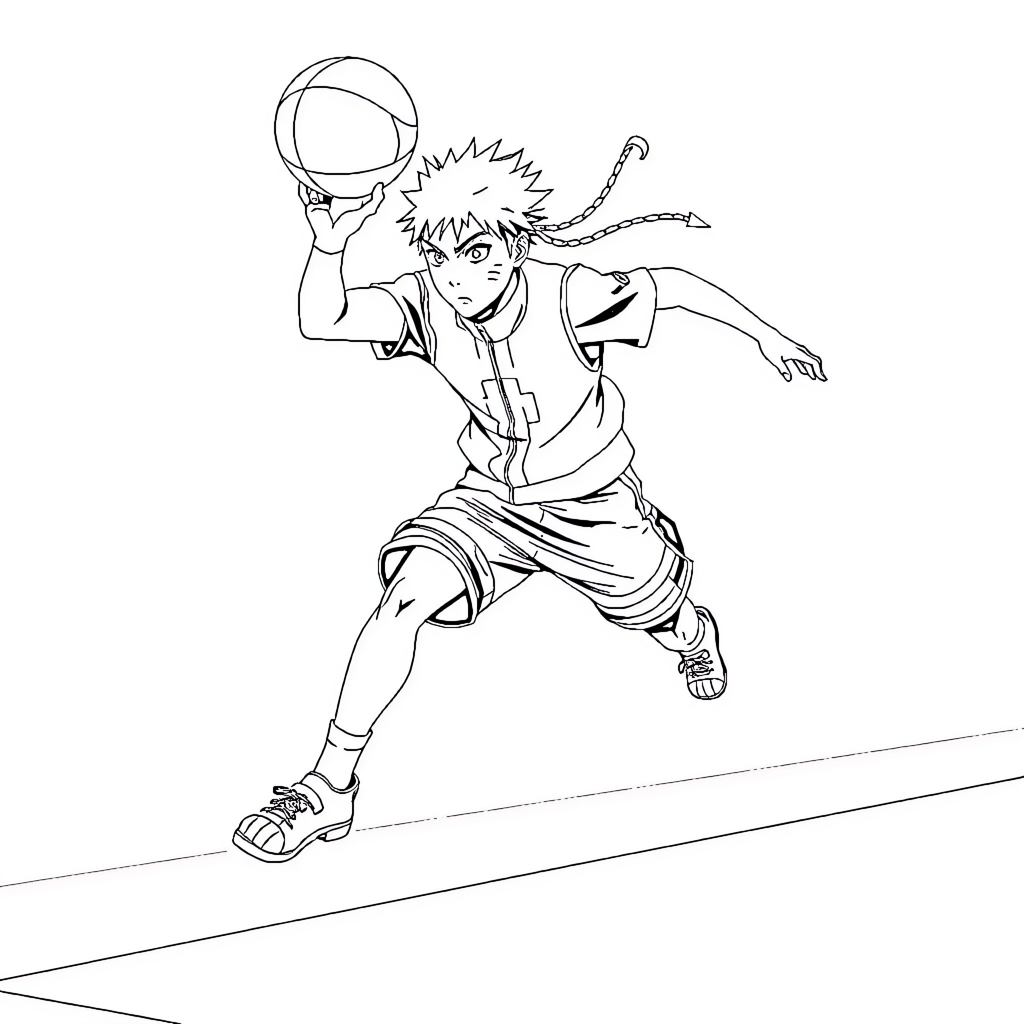 Naruto jumping and playing with a ball Coloring Page (free black-and-white line drawing printable PDF for all, from beginners to advanced learners, including children, teens, adults, and seniors)