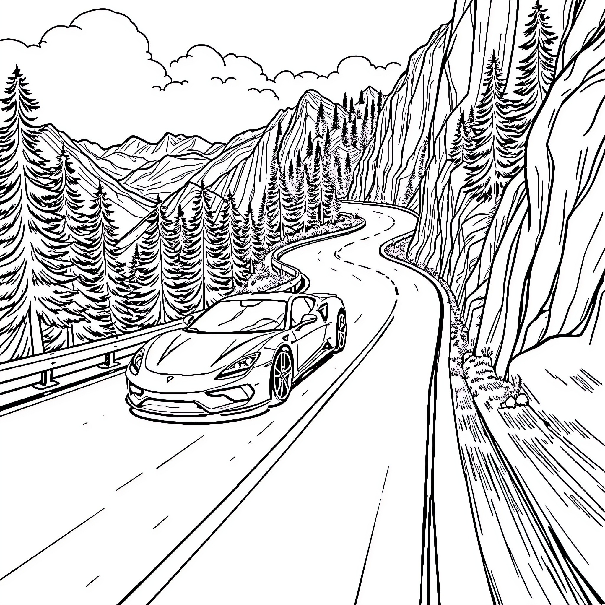 Car speeding through scenic mountain landscape Coloring Page (free black-and-white line drawing printable PDF for all, from beginners to advanced learners, including children, teens, adults, and seniors)