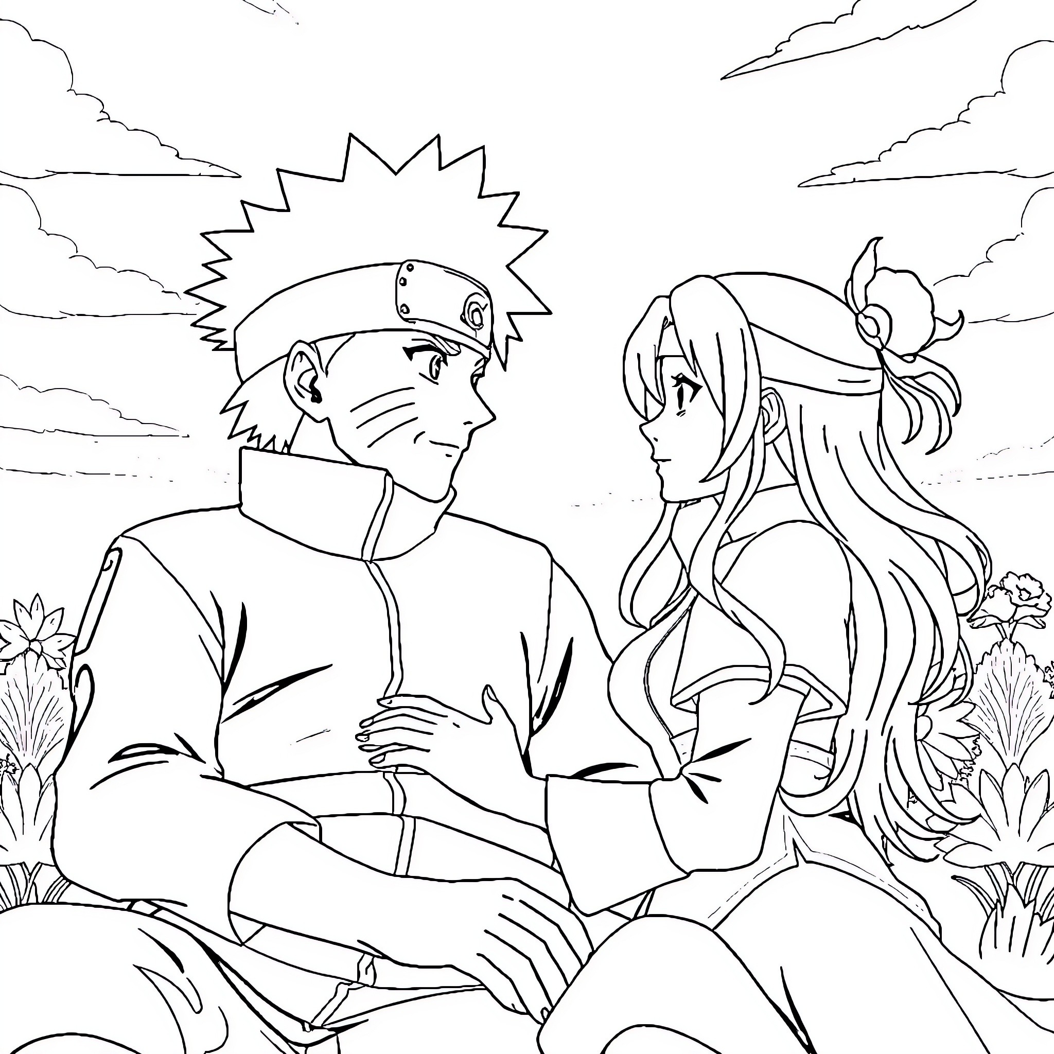 Naruto and Hinata's Intimate Moment in the Wilderness Coloring Page (free black-and-white line drawing printable PDF for all, from beginners to advanced learners, including children, teens, adults, and seniors)