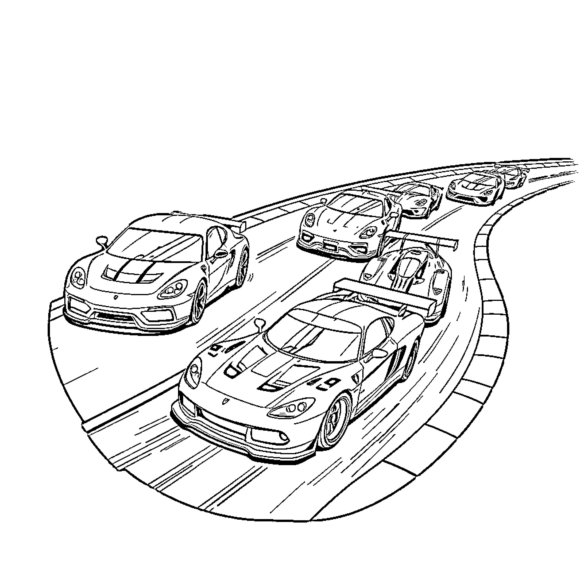 Car race on winding racetrack Coloring Page (free black-and-white line drawing printable PDF for all, from beginners to advanced learners, including children, teens, adults, and seniors)