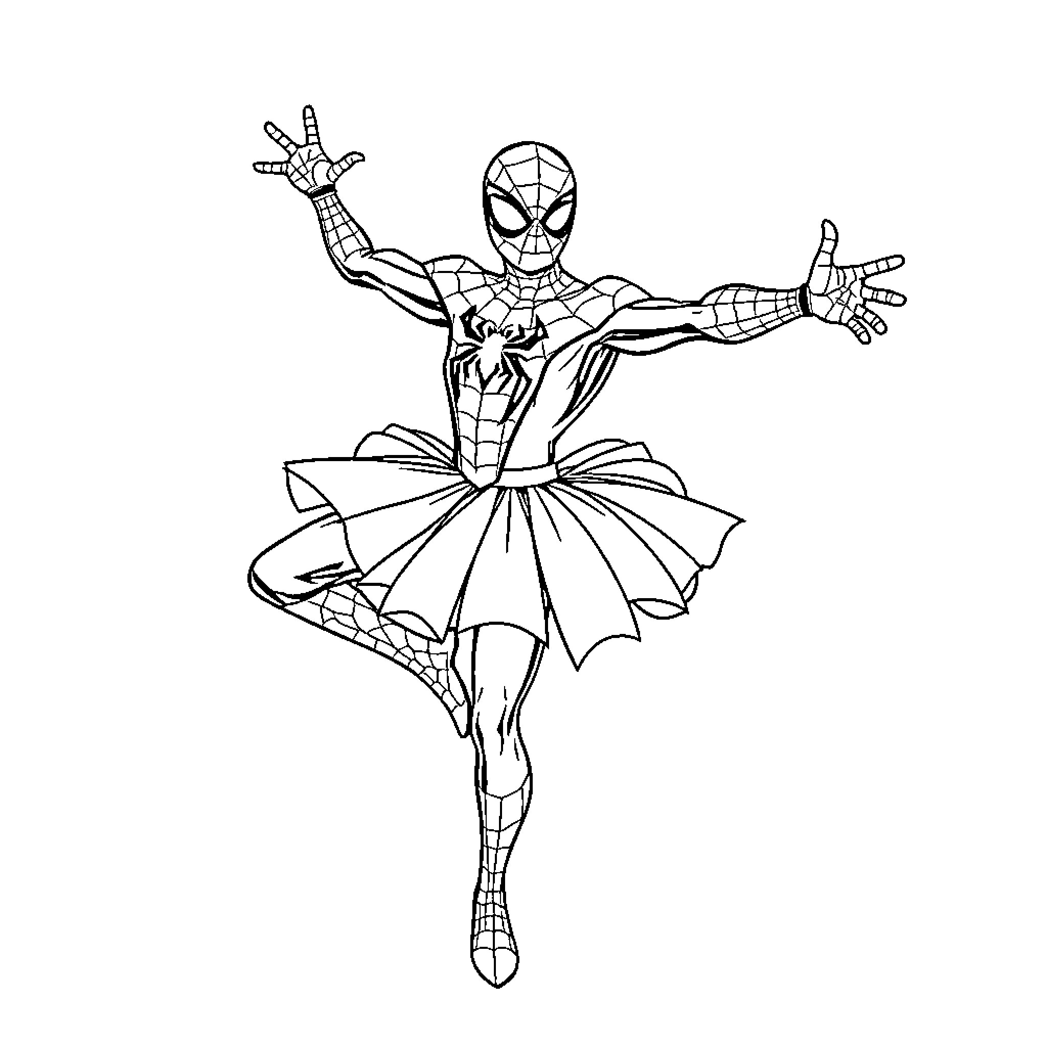 Spider-Man performing acrobatic dance moves Coloring Page (free black-and-white line drawing printable PDF for all, from beginners to advanced learners, including children, teens, adults, and seniors)