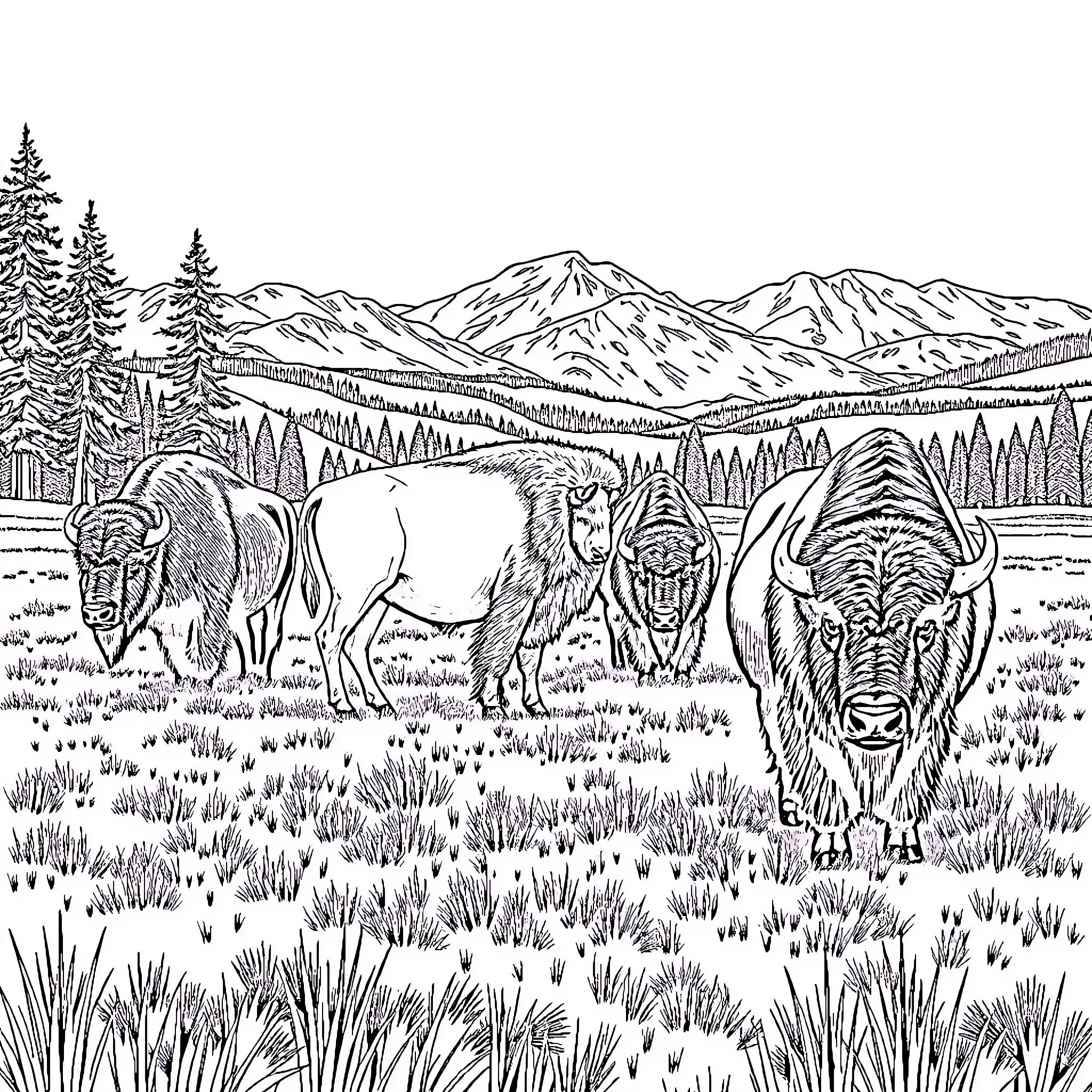 Bison grazing in the mountainous wilderness Coloring Page (free black-and-white line drawing printable PDF for all, from beginners to advanced learners, including children, teens, adults, and seniors)