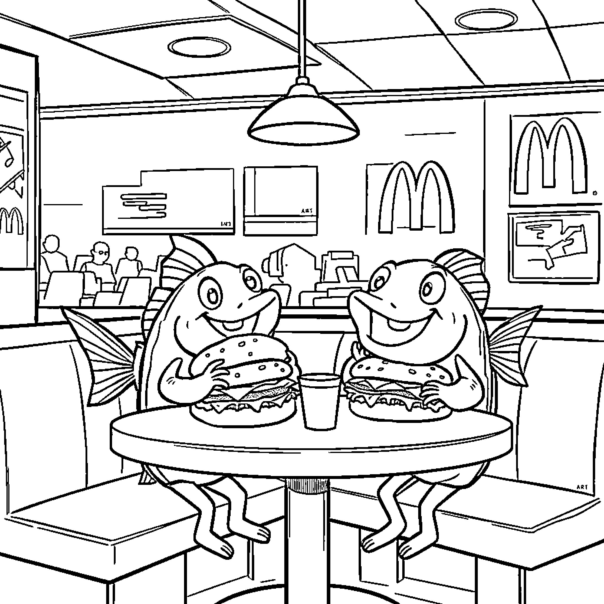 Fish characters enjoy burgers in fast food restaurant Coloring Page (free black-and-white line drawing printable PDF for all, from beginners to advanced learners, including children, teens, adults, and seniors)