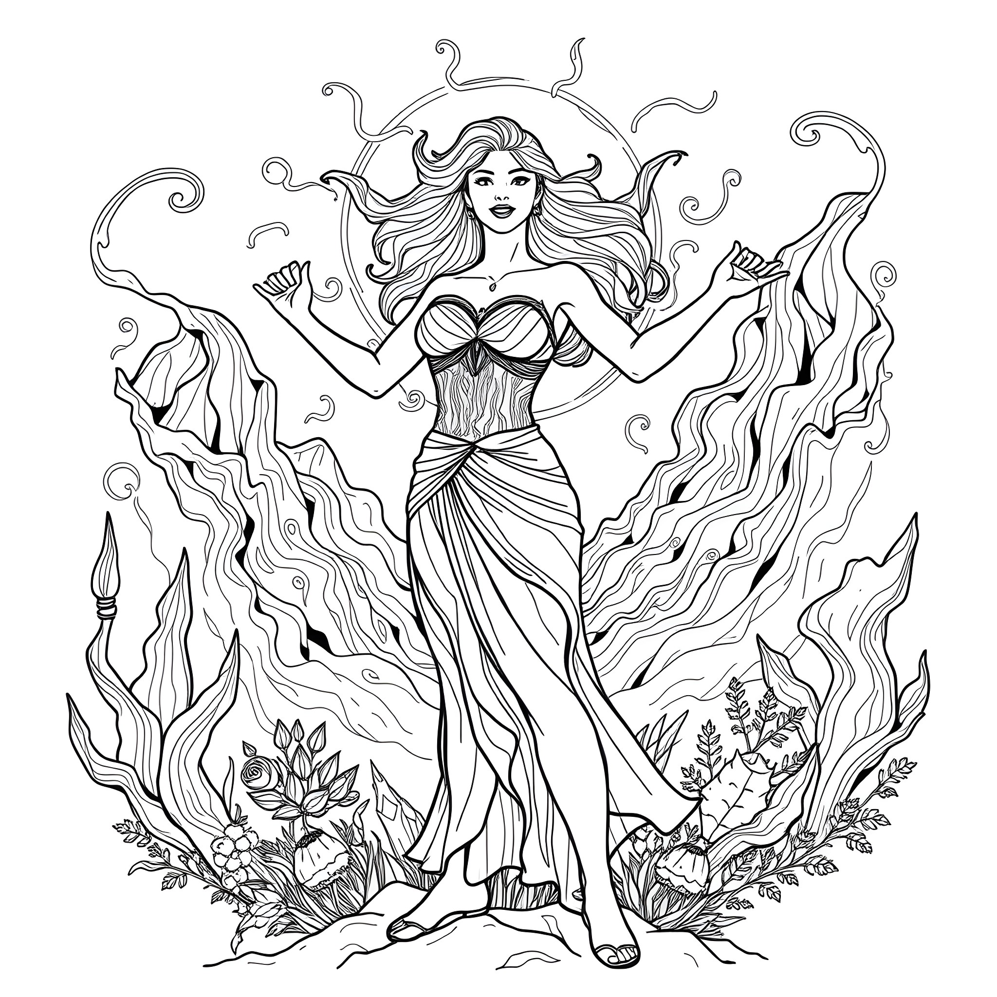 Woman with Flowing Hair and Ornate Dress Coloring Page (free black-and-white line drawing printable PDF for all, from beginners to advanced learners, including children, teens, adults, and seniors)