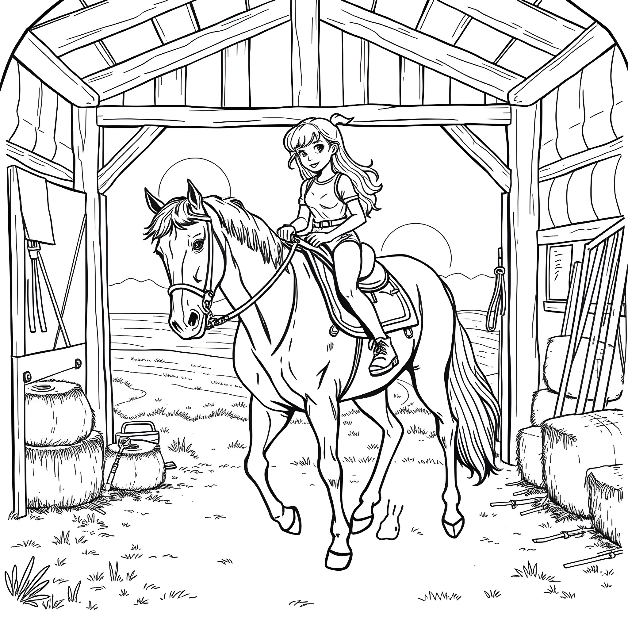 Teen Girl Riding Gracefully on a Horse in the Countryside Coloring Page (free black-and-white line drawing printable PDF for all, from beginners to advanced learners, including children, teens, adults, and seniors)