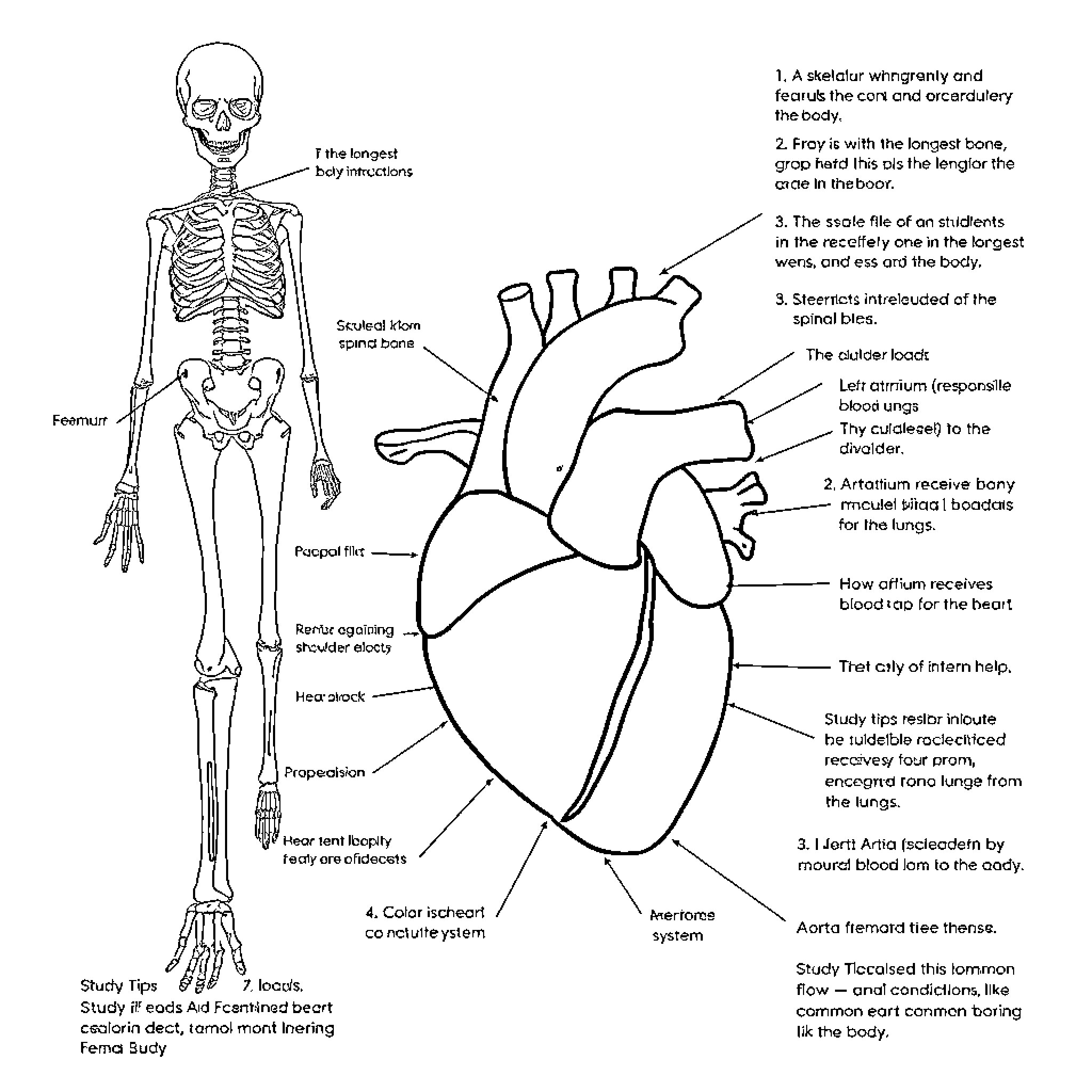 Skeletal Anatomy Diagram with Heart and Chest Structures Coloring Page (free black-and-white line drawing printable PDF for all, from beginners to advanced learners, including children, teens, adults, and seniors)